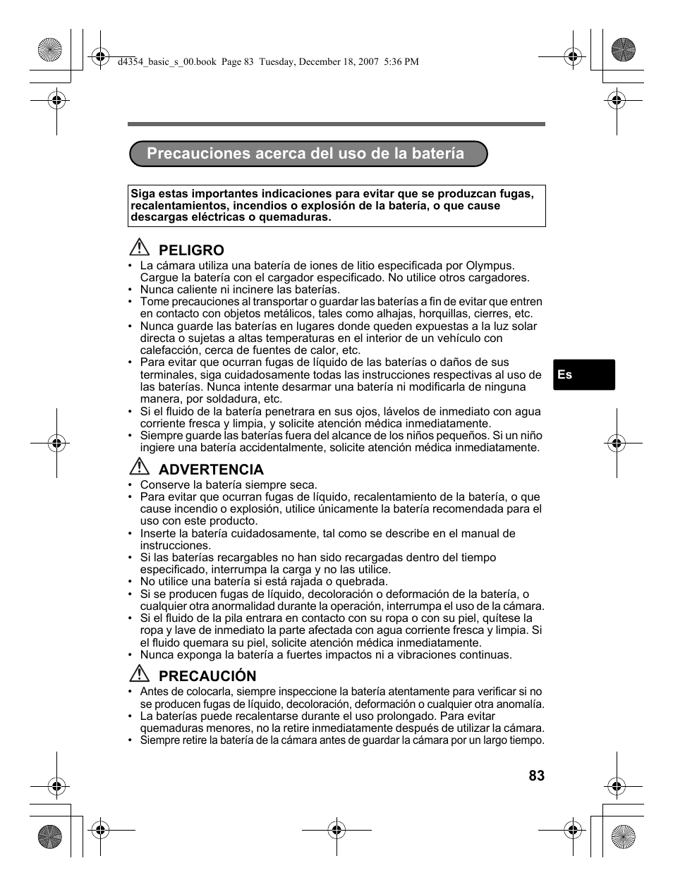 Precauciones acerca del uso de la batería, Peligro, Advertencia | Precaución | Olympus Stylus 1030 SW User Manual | Page 83 / 148