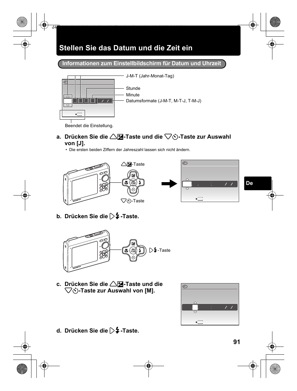 Stellen sie das datum und die zeit ein | Olympus Stylus 1030 SW User Manual | Page 91 / 148