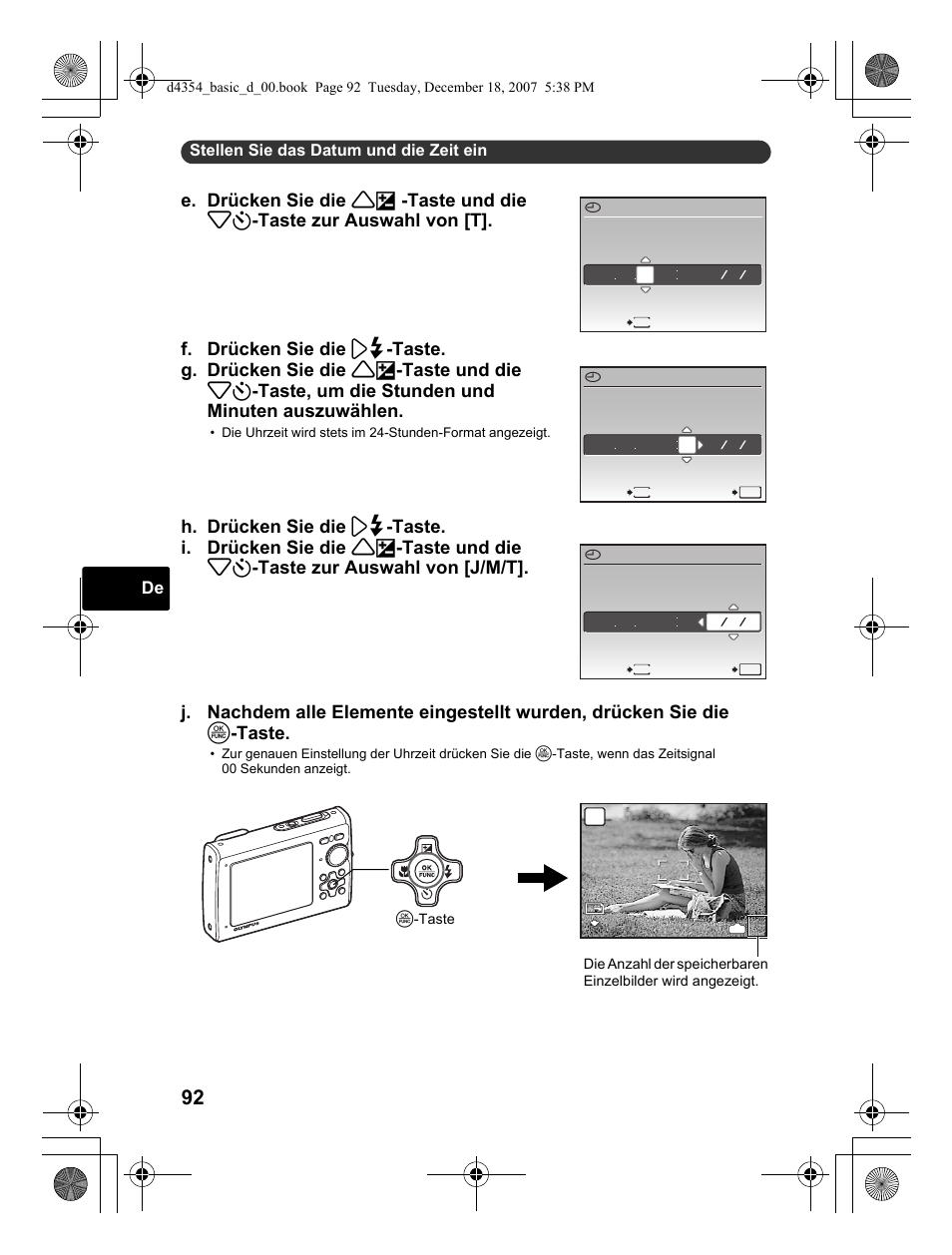 Stellen sie das datum und die zeit ein | Olympus Stylus 1030 SW User Manual | Page 92 / 148