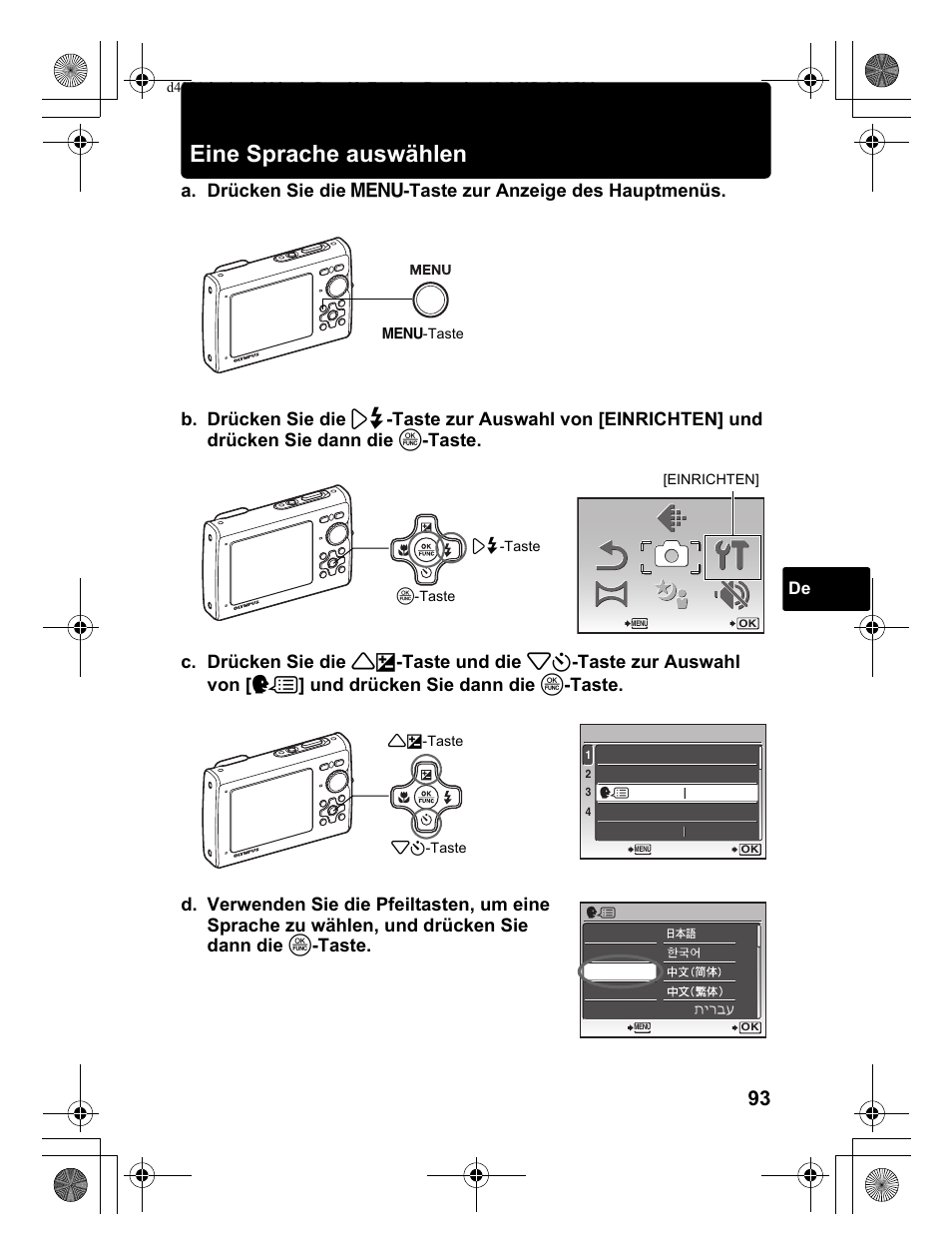 Eine sprache auswählen | Olympus Stylus 1030 SW User Manual | Page 93 / 148