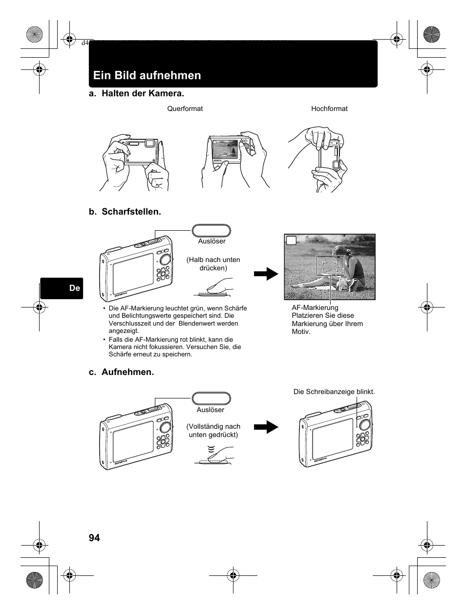 Ein bild aufnehmen, A. halten der kamera. c. aufnehmen, B. scharfstellen | Olympus Stylus 1030 SW User Manual | Page 94 / 148