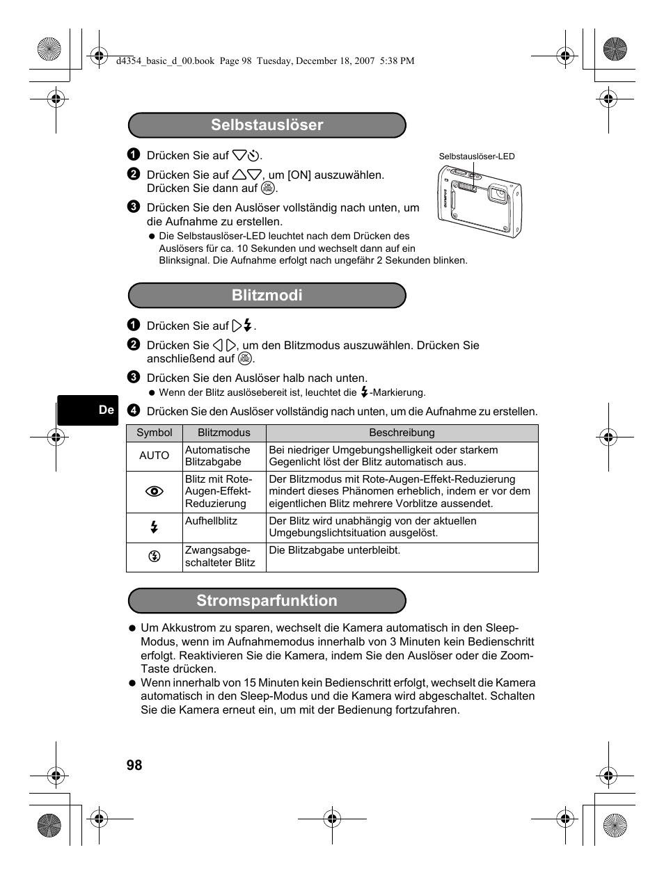 Selbstauslöser, Blitzmodi stromsparfunktion | Olympus Stylus 1030 SW User Manual | Page 98 / 148