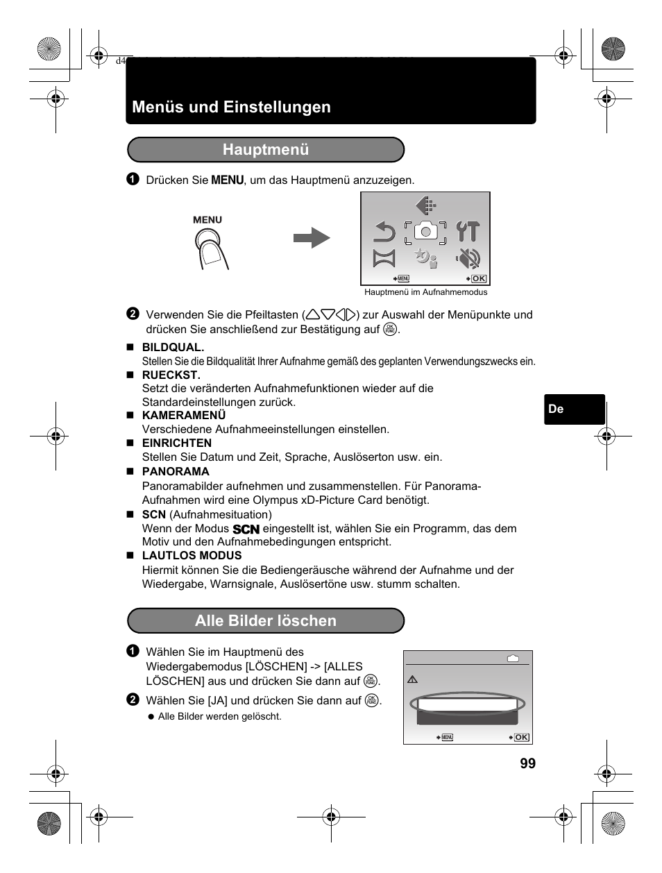 Menüs und einstellungen, Hauptmenü, Alle bilder löschen | Olympus Stylus 1030 SW User Manual | Page 99 / 148