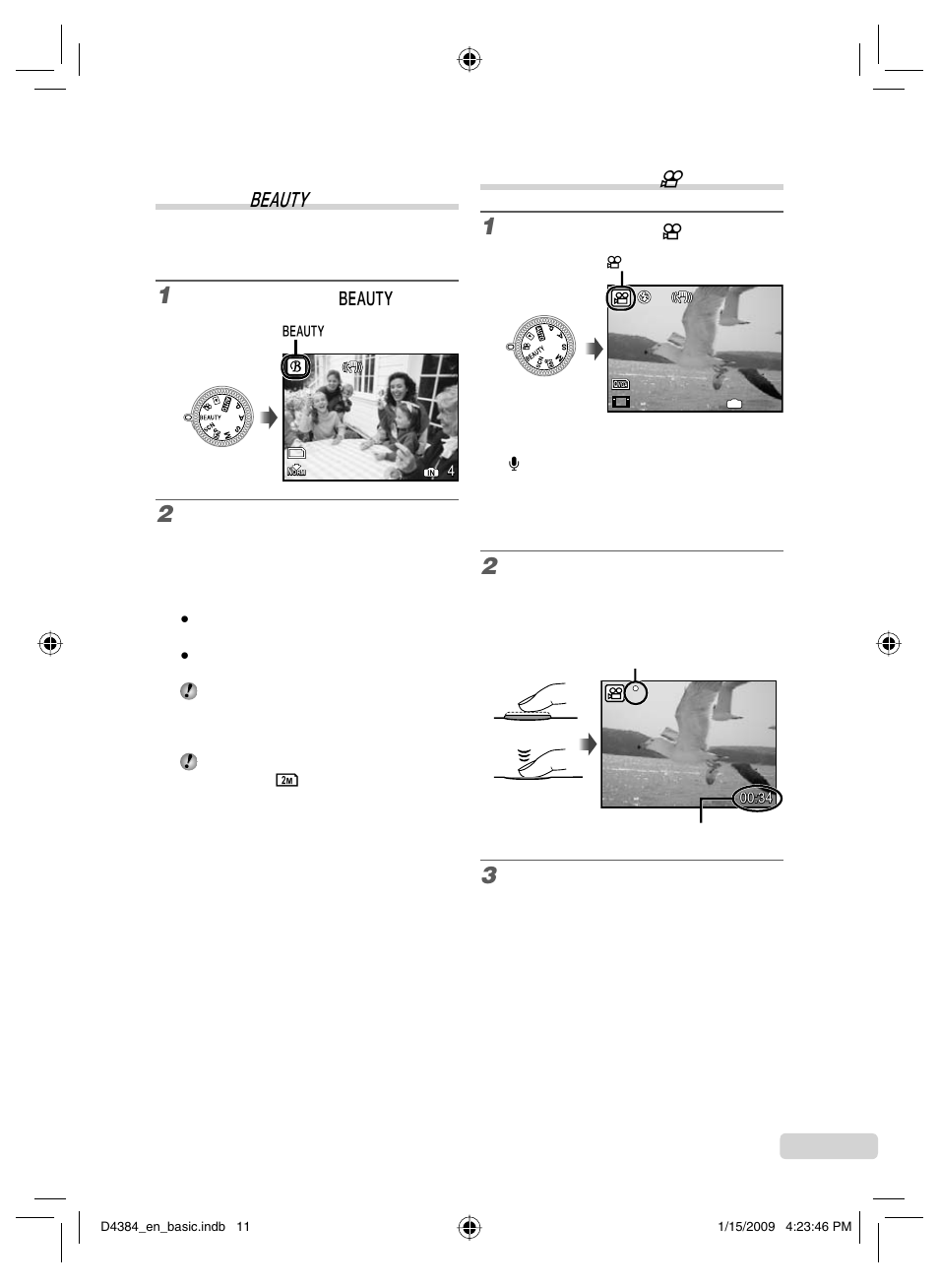 Smoothing out skin tone andtexture (beauty mode), Shooting movies (movie mode), Smoothing out skin tone and texture ( i mode) | Shooting movies ( n mode), 11 en | Olympus SP-590UZ User Manual | Page 11 / 132