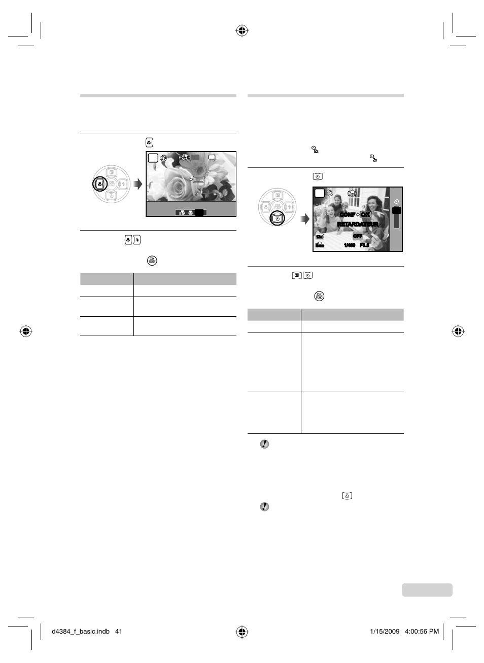Prise de vue en gros plan, Utiliser le retardateur, 41 fr | Appuyez sur 9, Appuyez sur 8 | Olympus SP-590UZ User Manual | Page 41 / 132