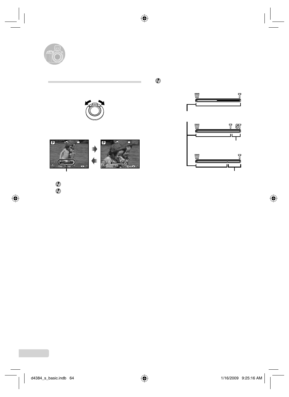 Uso de las funciones de toma, Uso del zoom óptico, 64 sp | Toma de imágenes de mayor tamaño, Zoom preciso] (p. 33), Zoom dig.] (p. 33) | Olympus SP-590UZ User Manual | Page 64 / 132