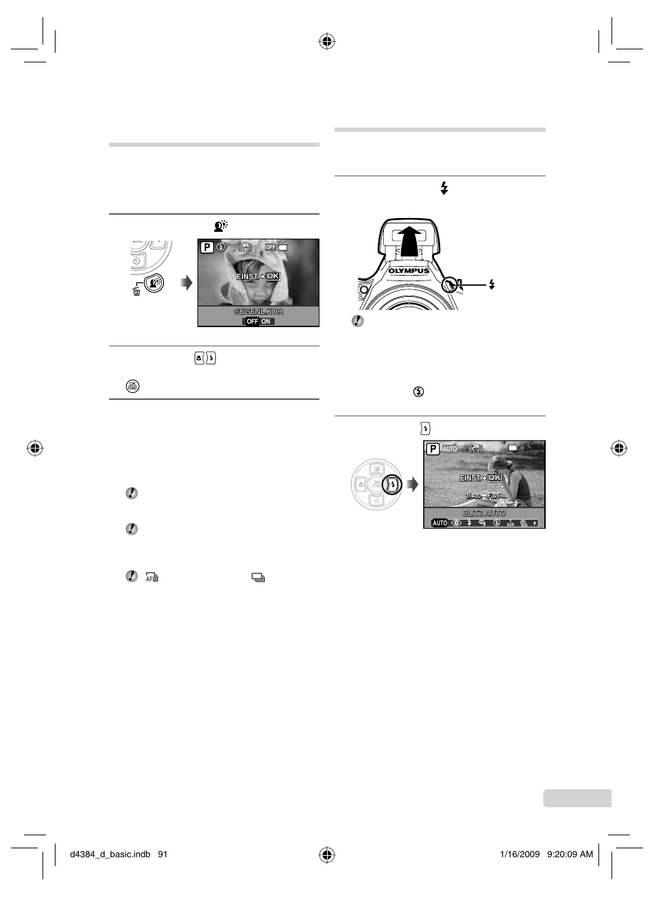 Aufhellen eines motivs im gegenlicht (gegenl.kor, Verwendung des blitzes | Olympus SP-590UZ User Manual | Page 91 / 132