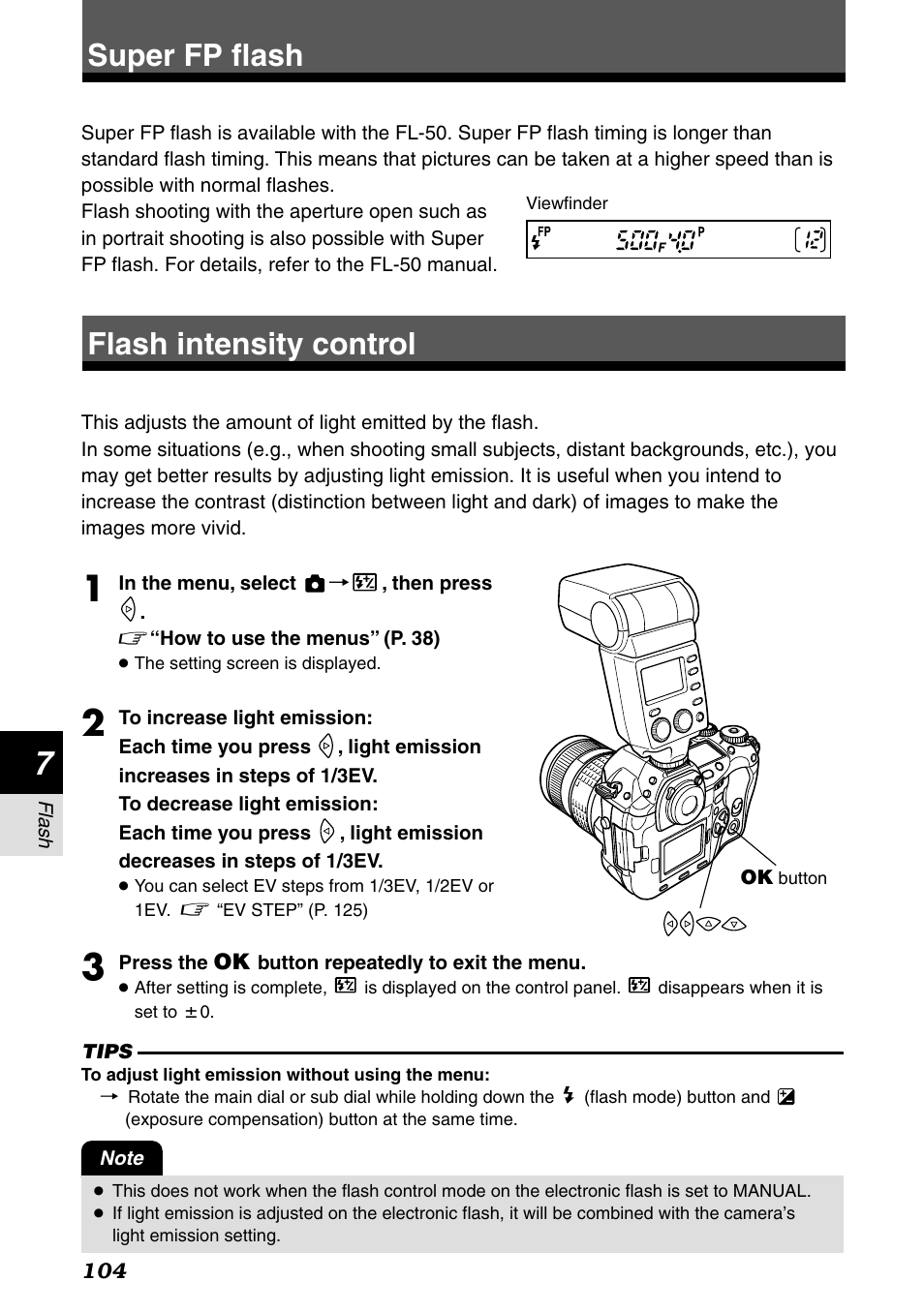 Super fp flash, Flash intensity control, Super fp flash flash intensity control | Olympus E-1 User Manual | Page 104 / 182