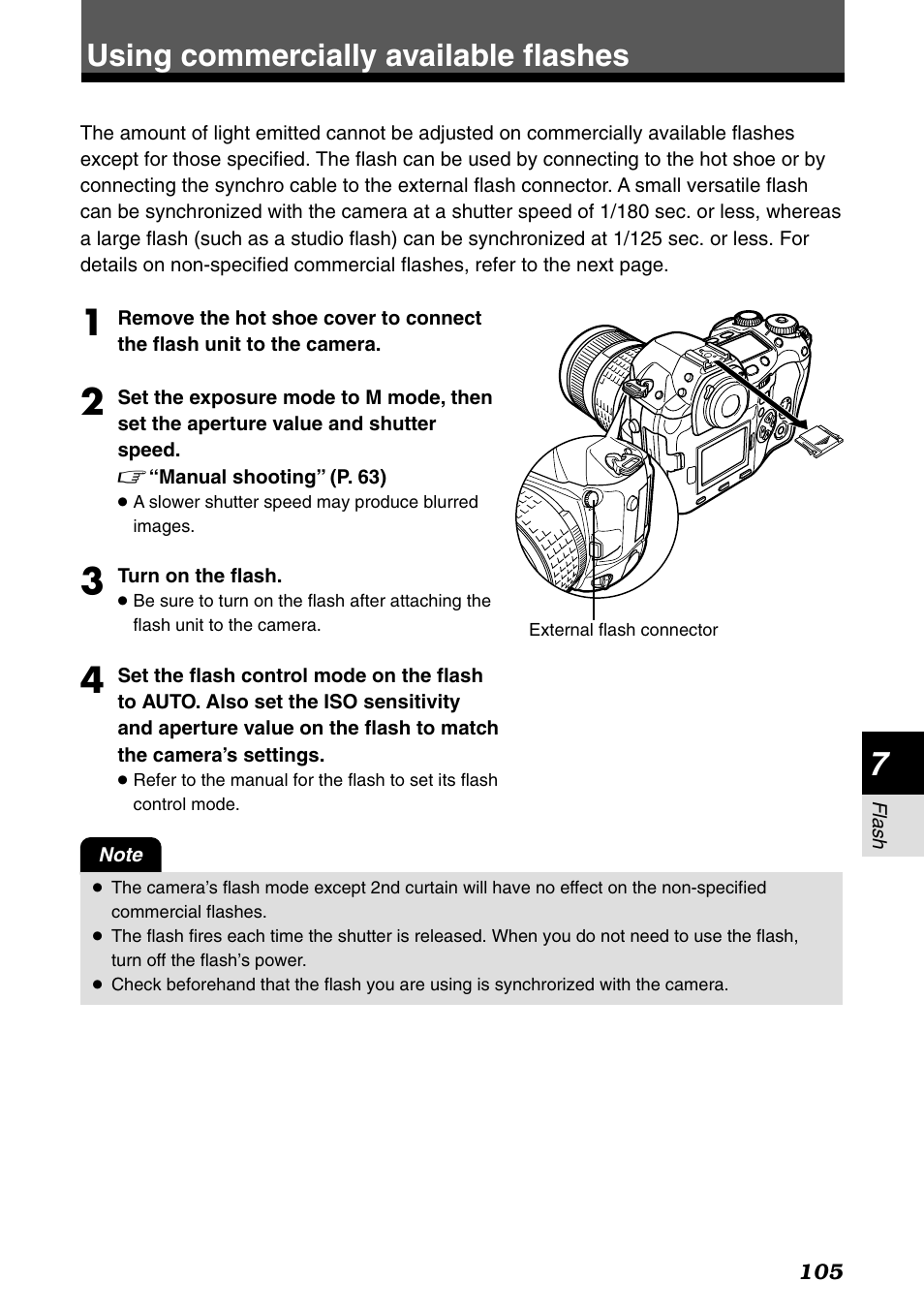 Using commercially available flashes | Olympus E-1 User Manual | Page 105 / 182