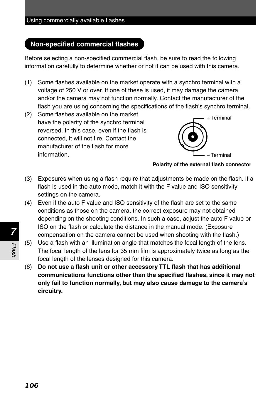 Non-specified commercial flashes | Olympus E-1 User Manual | Page 106 / 182