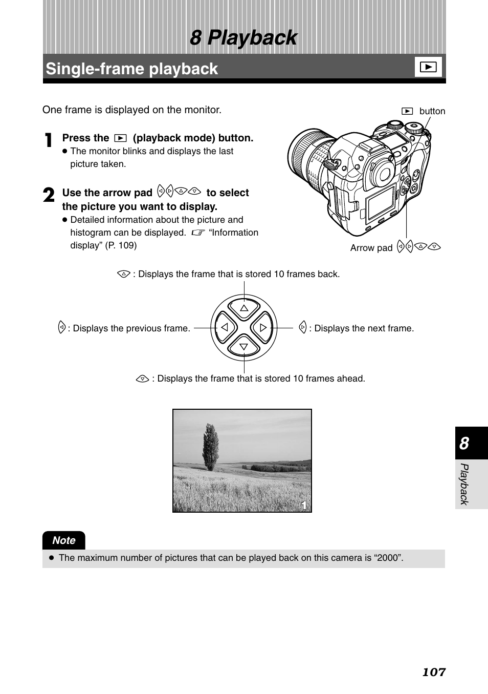 8 playback, Single-frame playback, Playback | P. 107 | Olympus E-1 User Manual | Page 107 / 182