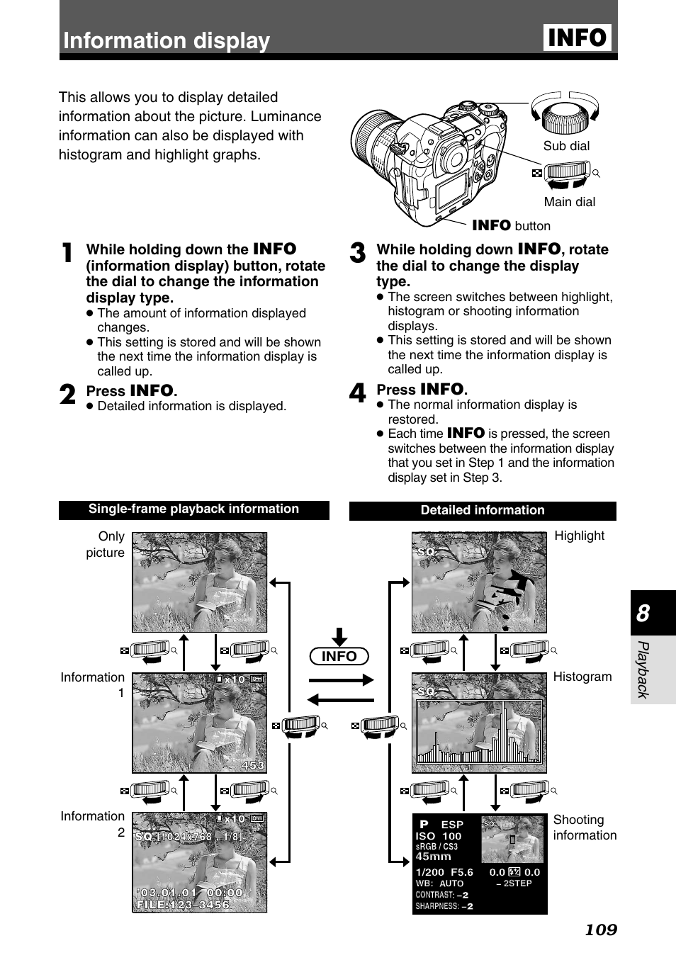 Information display, Info | Olympus E-1 User Manual | Page 109 / 182