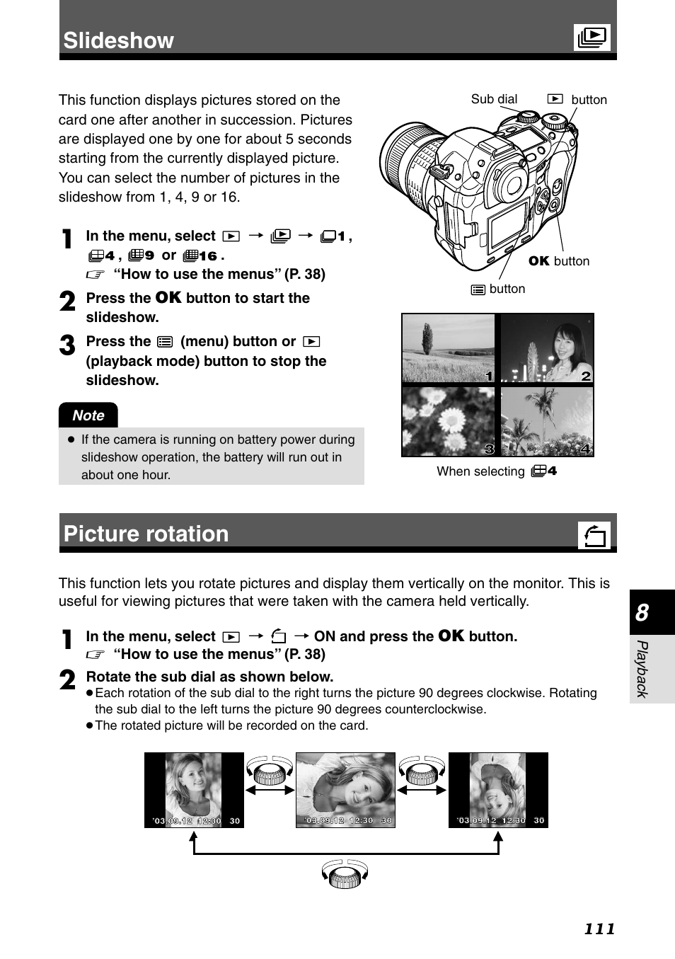 Slideshow, Picture rotation, Slideshow picture rotation | Olympus E-1 User Manual | Page 111 / 182