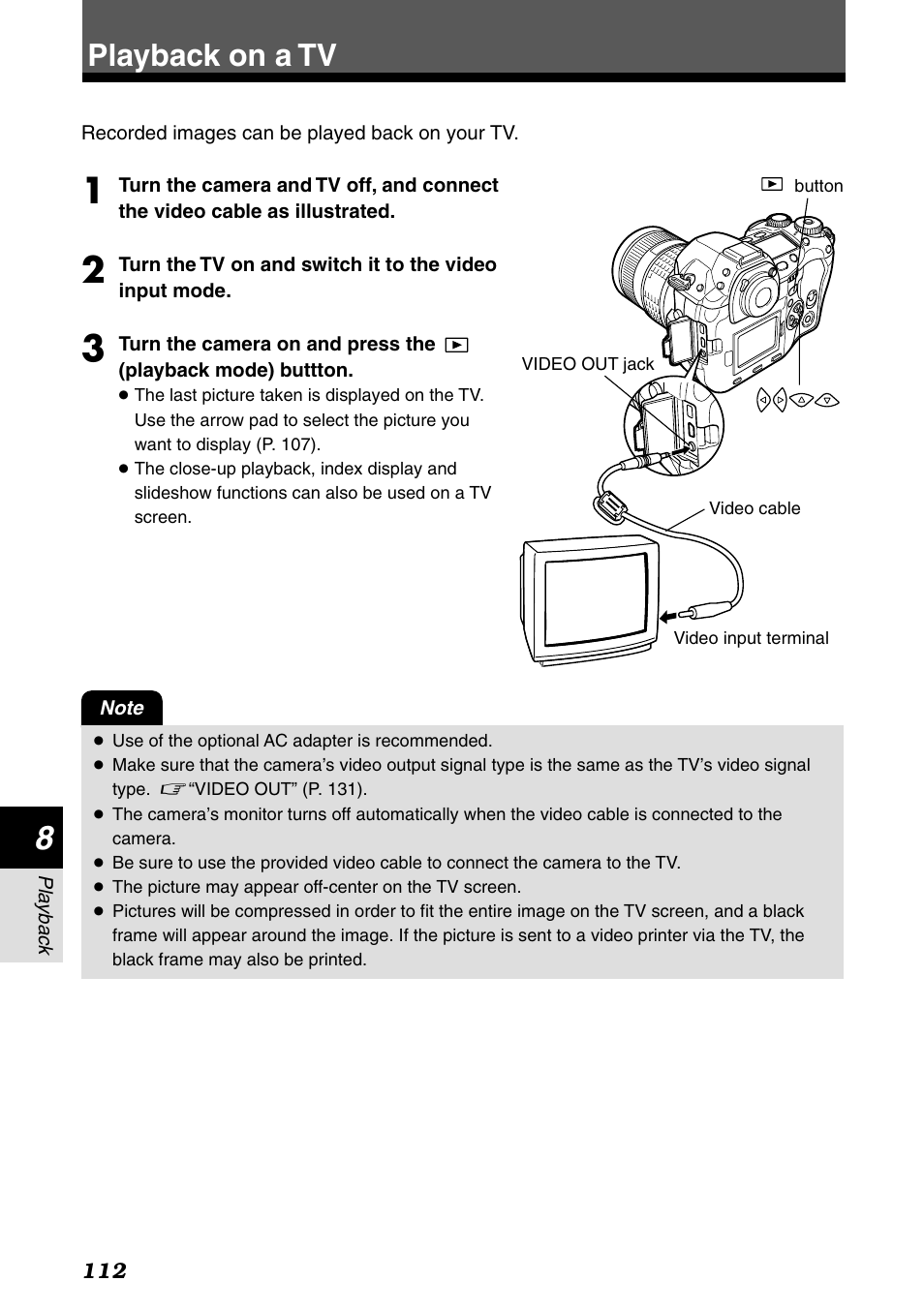 Playback on a tv | Olympus E-1 User Manual | Page 112 / 182