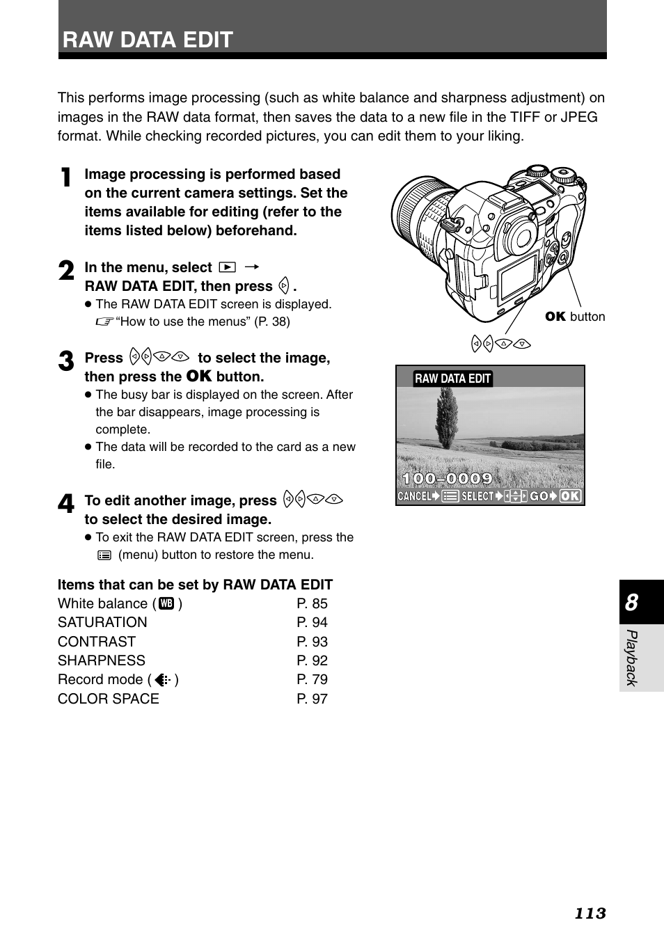 Raw data edit | Olympus E-1 User Manual | Page 113 / 182