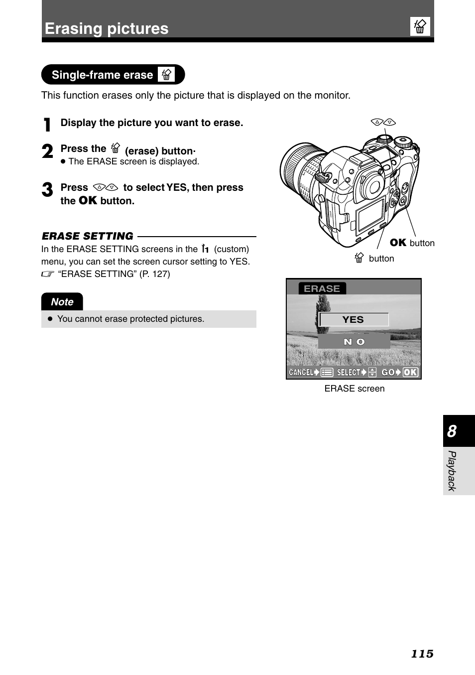 Erasing pictures, Single-frame erase | Olympus E-1 User Manual | Page 115 / 182