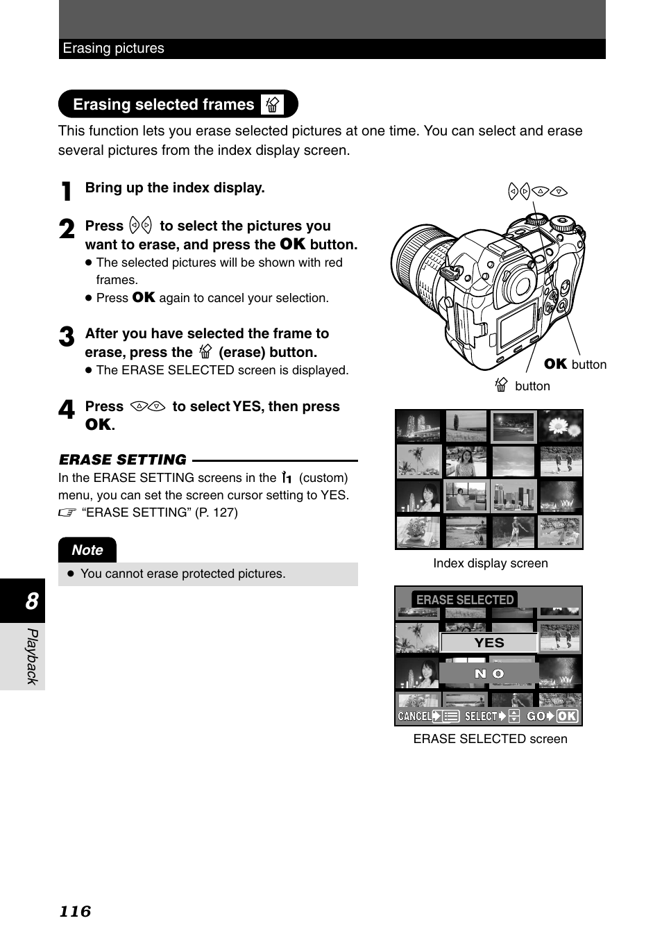 Erasing selected frames | Olympus E-1 User Manual | Page 116 / 182