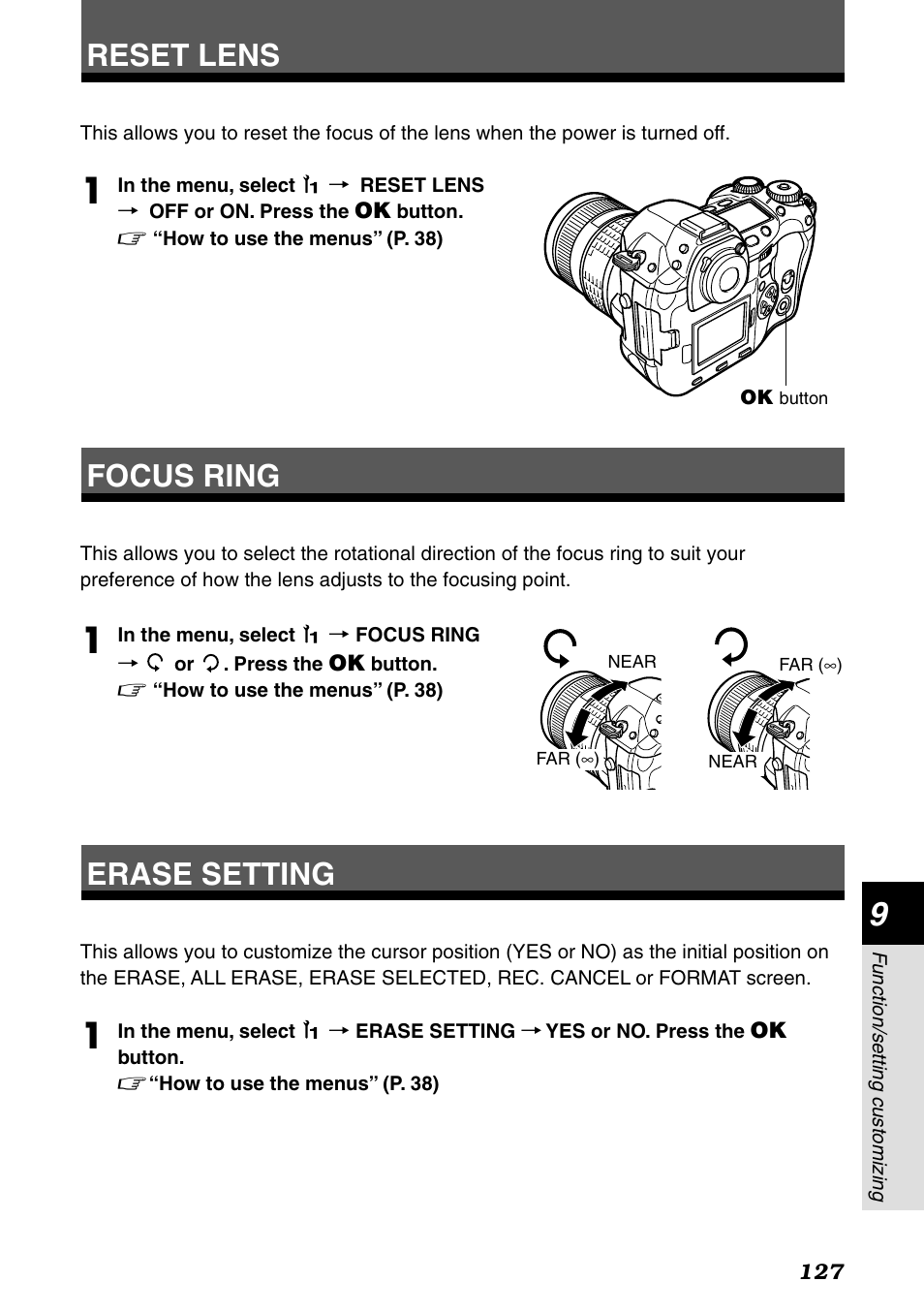 Reset lens, Focus ring, Erase setting | Reset lens focus ring erase setting | Olympus E-1 User Manual | Page 127 / 182