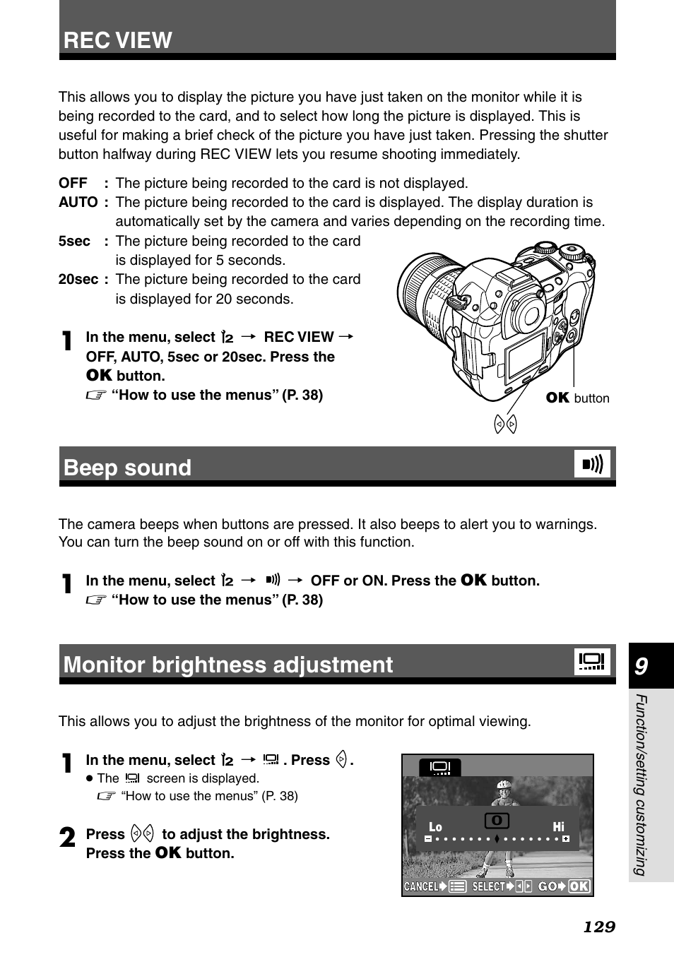 Rec view, Beep sound, Monitor brightness adjustment | Rec view beep sound | Olympus E-1 User Manual | Page 129 / 182