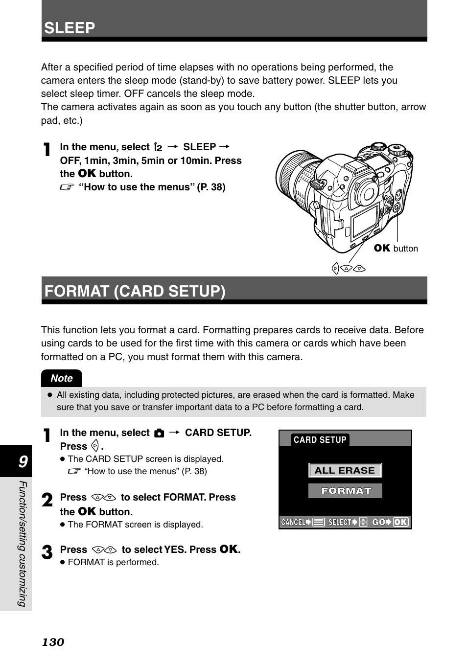 Sleep, Format (card setup), Sleep format (card setup) | Olympus E-1 User Manual | Page 130 / 182