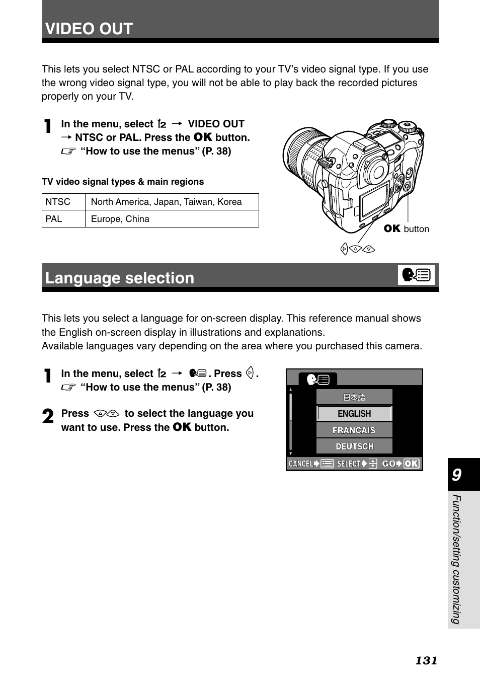 Video out, Language selection, Video out language selection | Olympus E-1 User Manual | Page 131 / 182