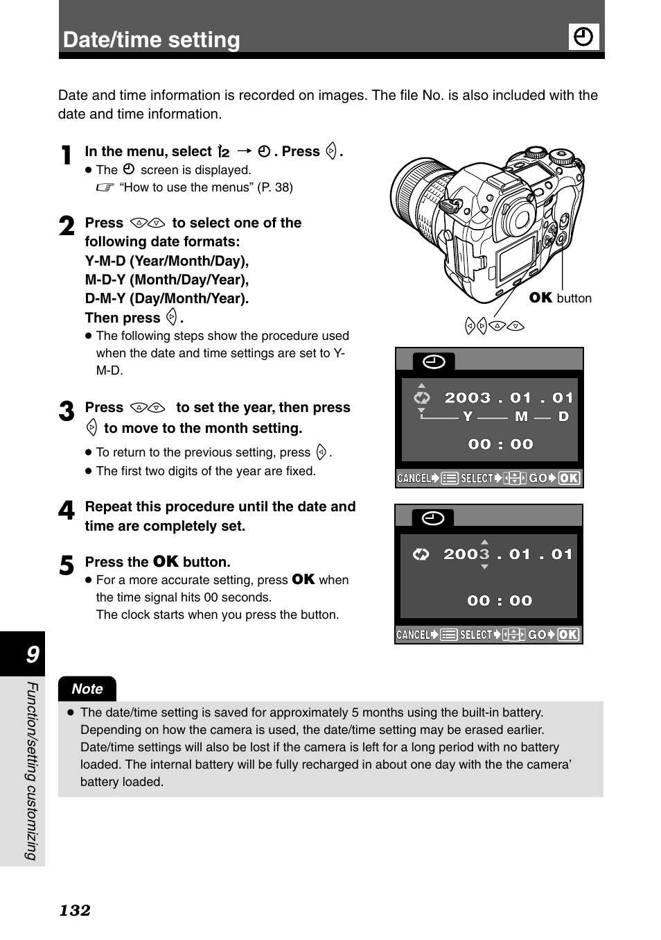 Date/time setting | Olympus E-1 User Manual | Page 132 / 182