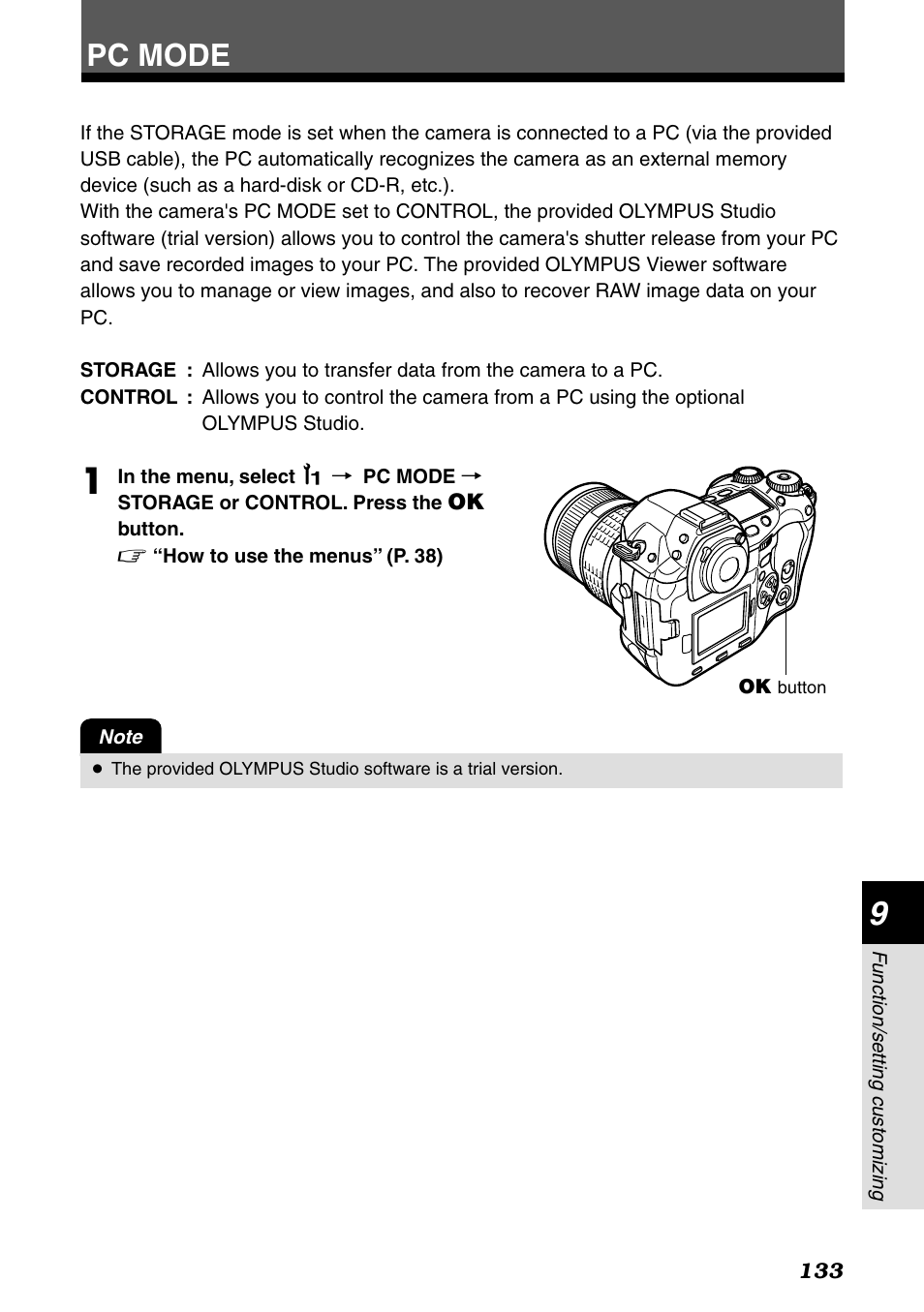 Pc mode | Olympus E-1 User Manual | Page 133 / 182