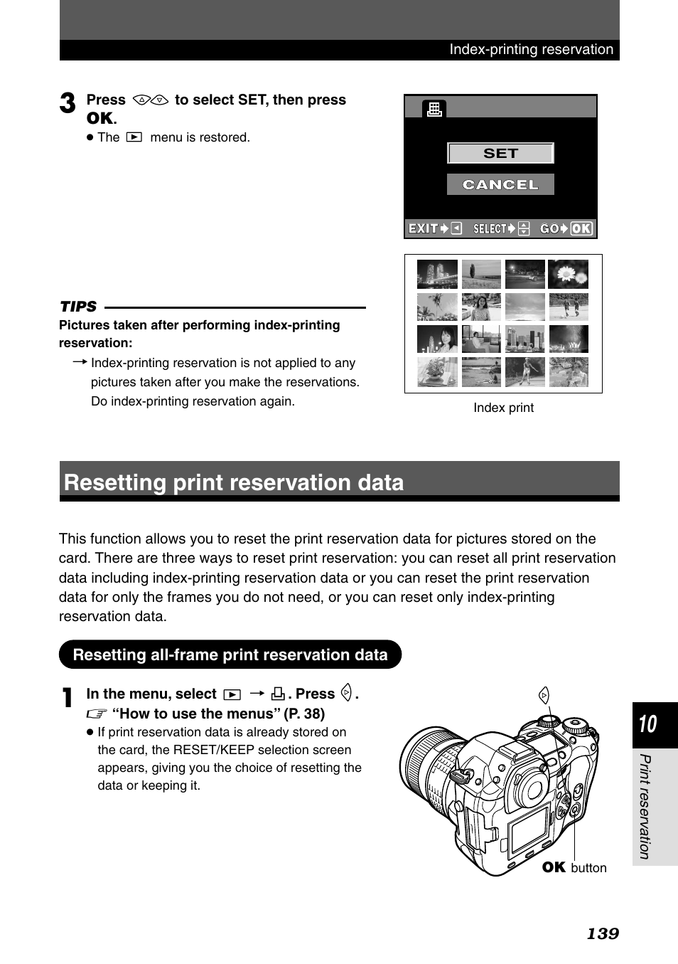 Resetting print reservation data, Resetting all-frame print reservation data | Olympus E-1 User Manual | Page 139 / 182