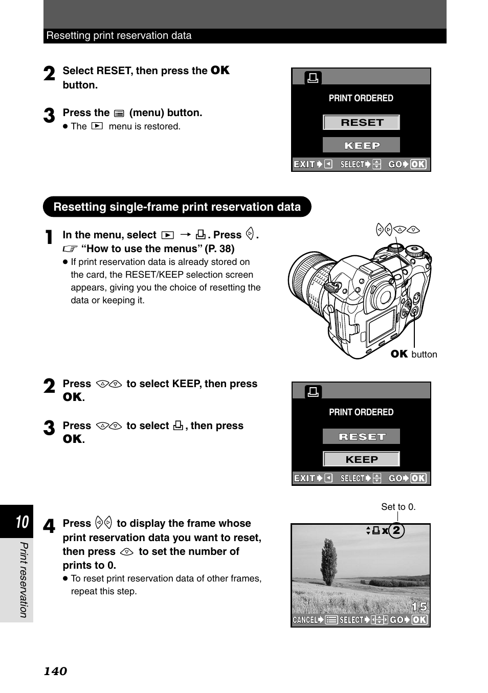 Resetting single-frame print reservation data | Olympus E-1 User Manual | Page 140 / 182