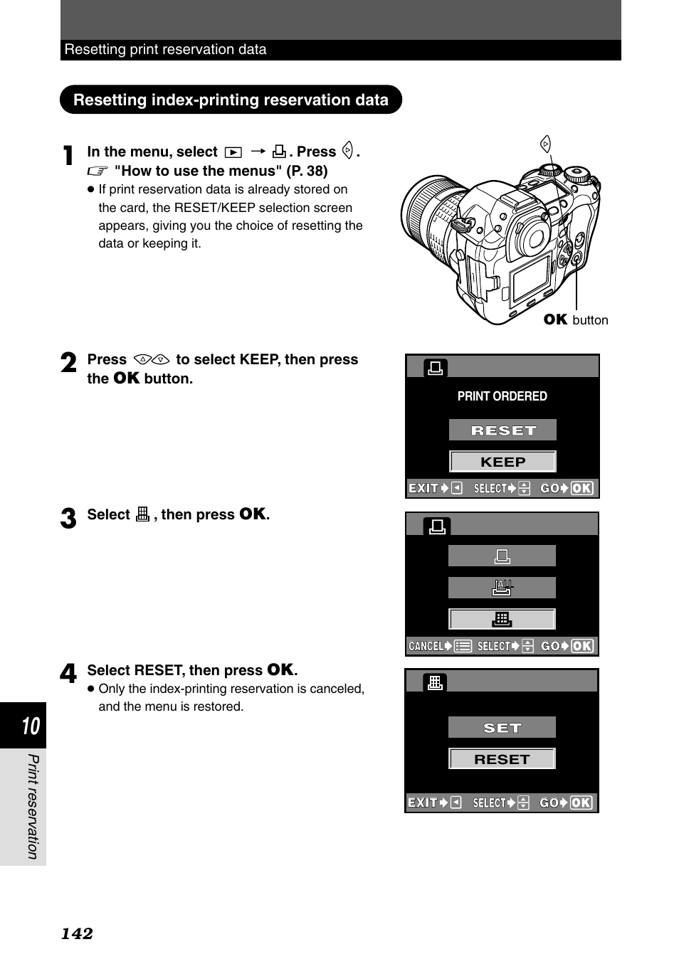 Resetting index-printing reservation data | Olympus E-1 User Manual | Page 142 / 182