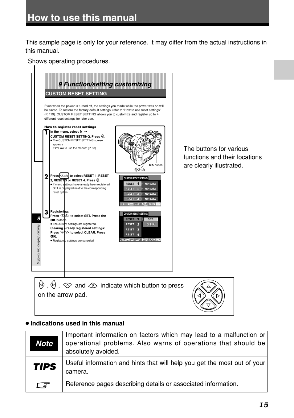 How to use this manual, Tips, 9 function/setting customizing | Olympus E-1 User Manual | Page 15 / 182