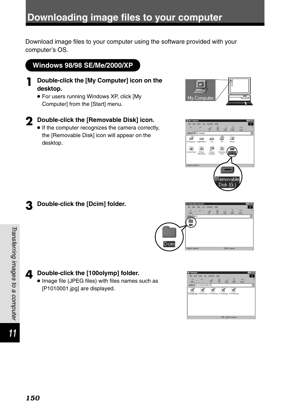 Downloading image files to your computer, Windows 98/98 se/me/2000/xp | Olympus E-1 User Manual | Page 150 / 182