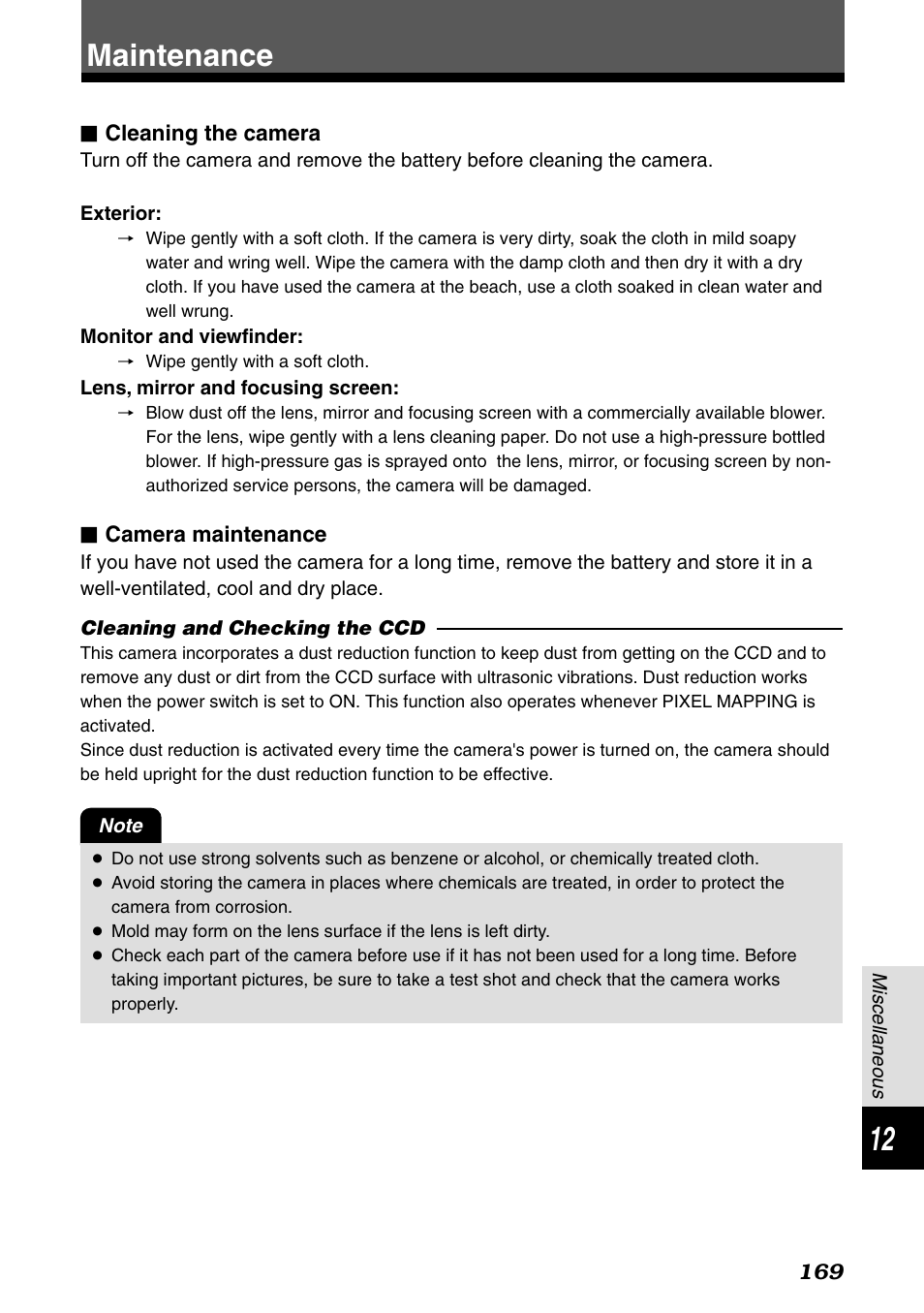 Maintenance | Olympus E-1 User Manual | Page 169 / 182