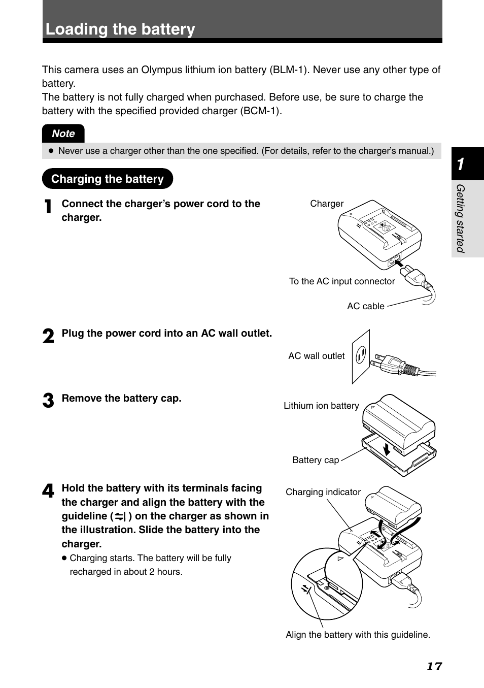 Loading the battery, Charging the battery | Olympus E-1 User Manual | Page 17 / 182