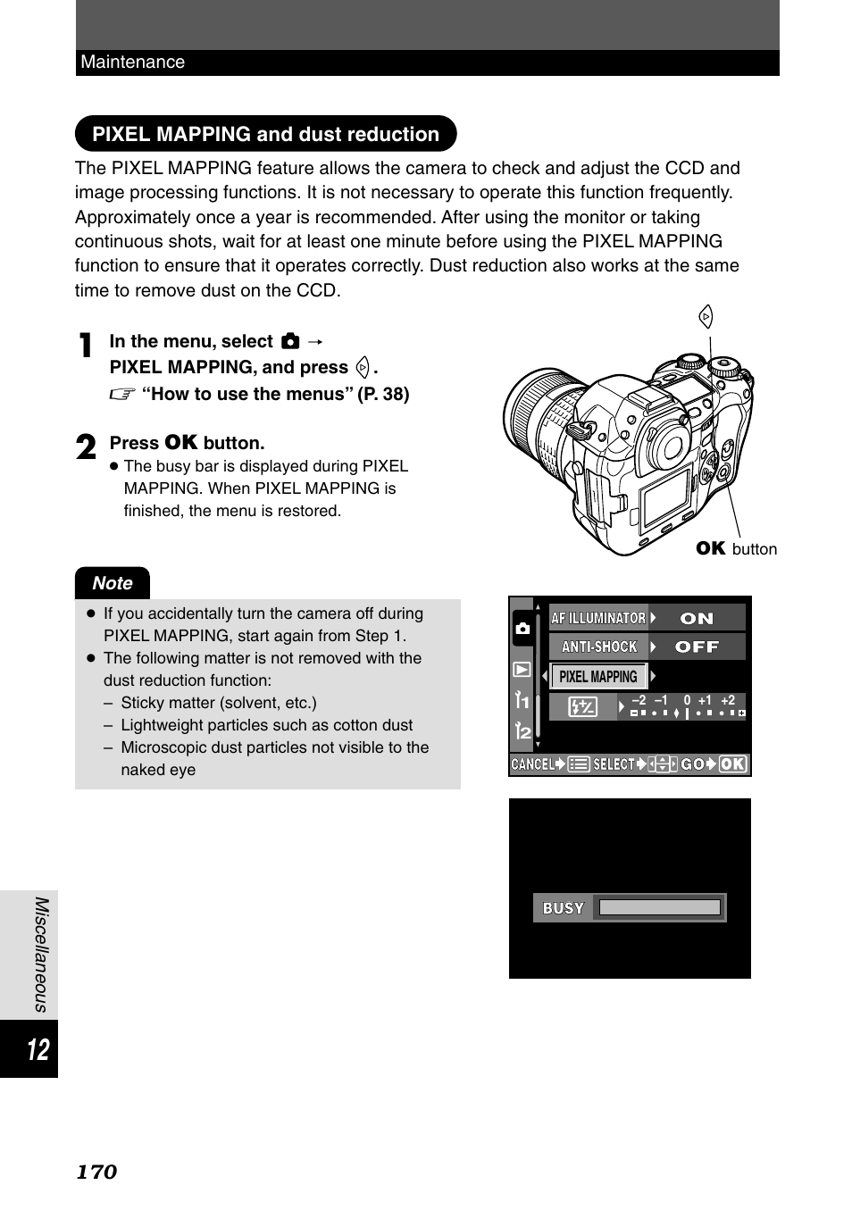 Pixel mapping and dust reduction | Olympus E-1 User Manual | Page 170 / 182