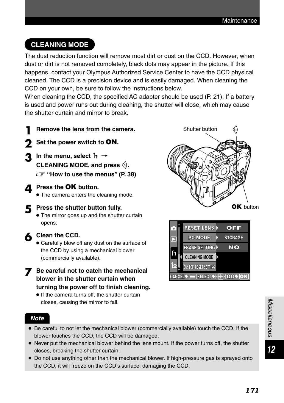 Cleaning mode | Olympus E-1 User Manual | Page 171 / 182
