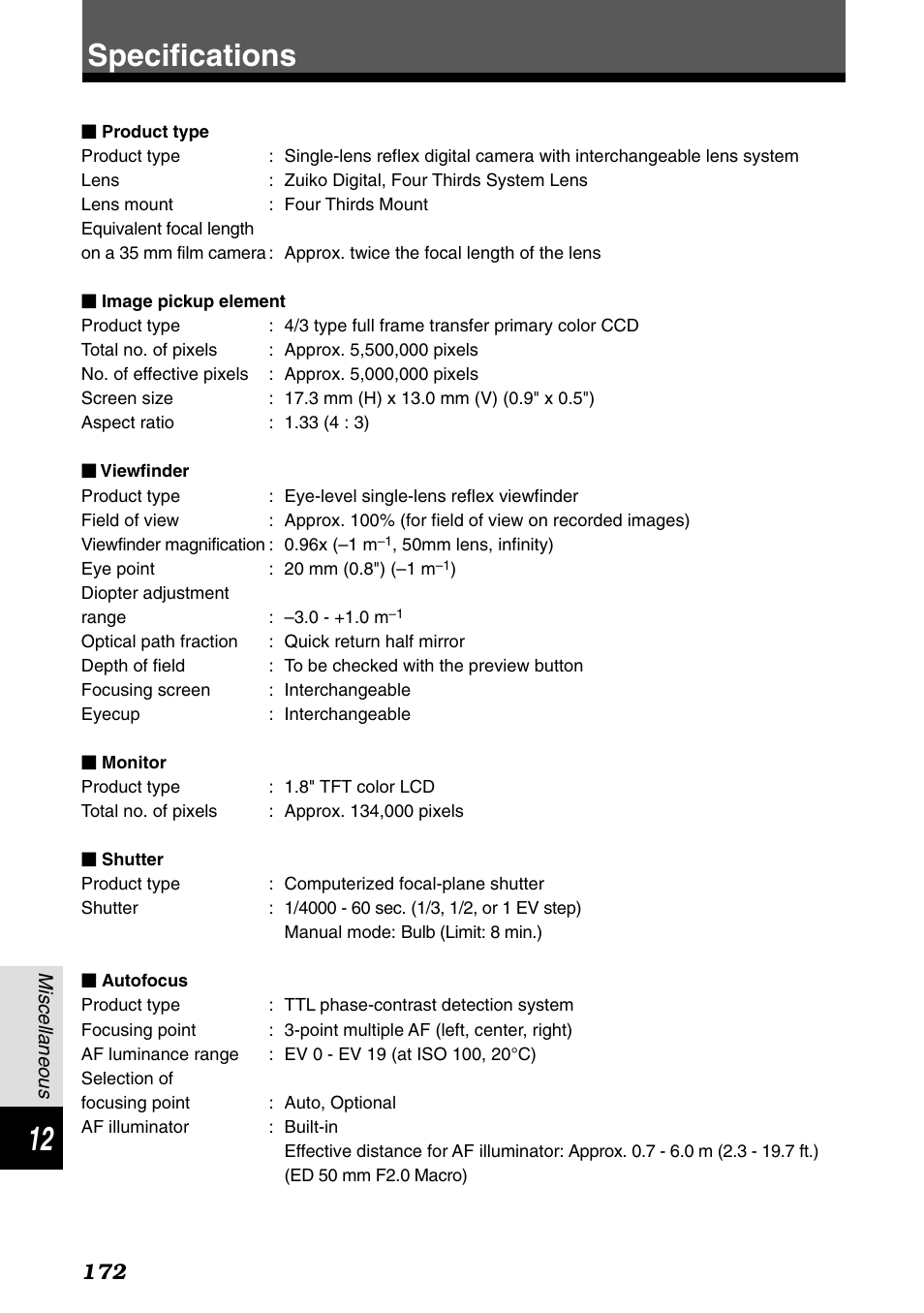 Specifications | Olympus E-1 User Manual | Page 172 / 182