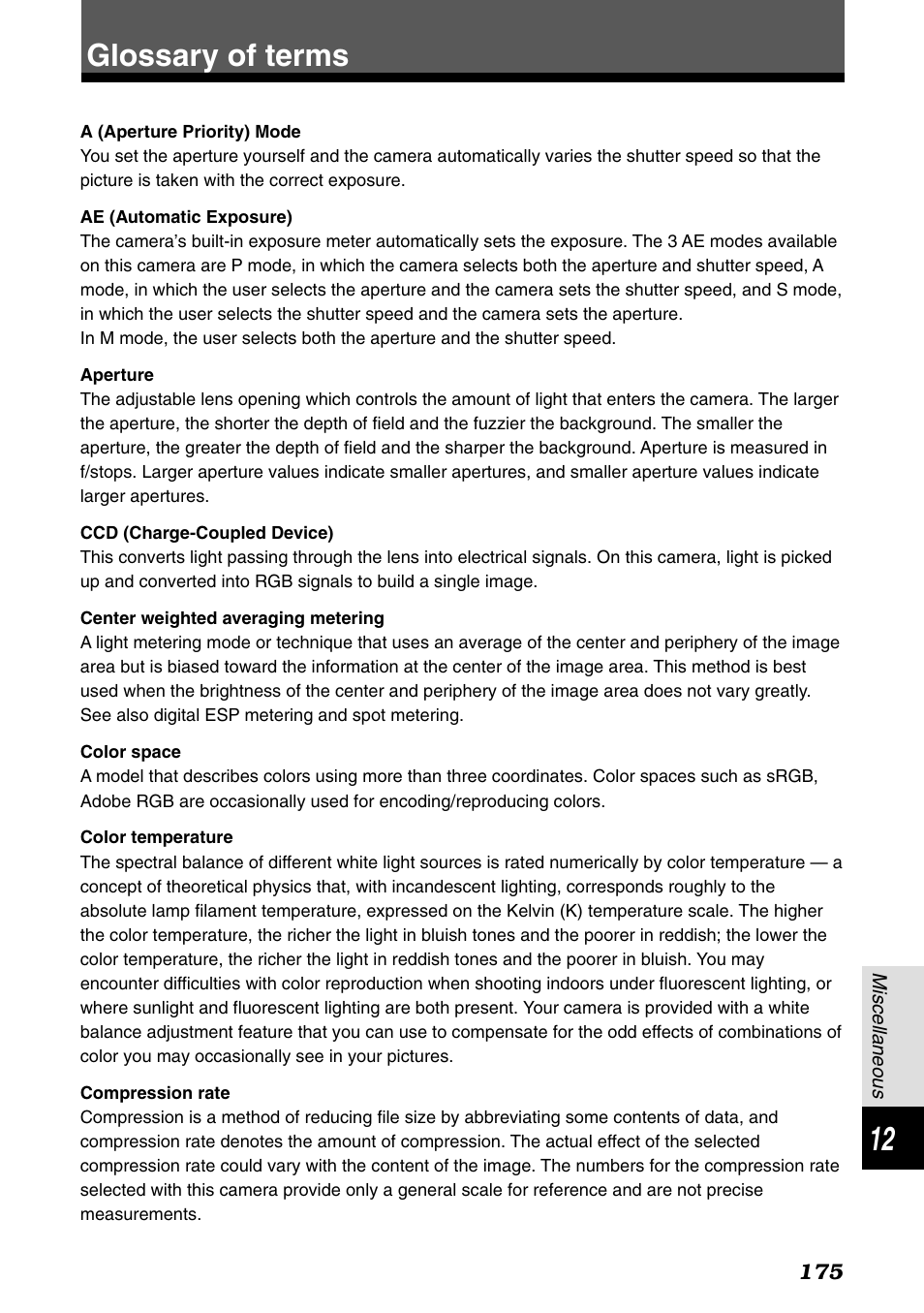 Glossary of terms | Olympus E-1 User Manual | Page 175 / 182