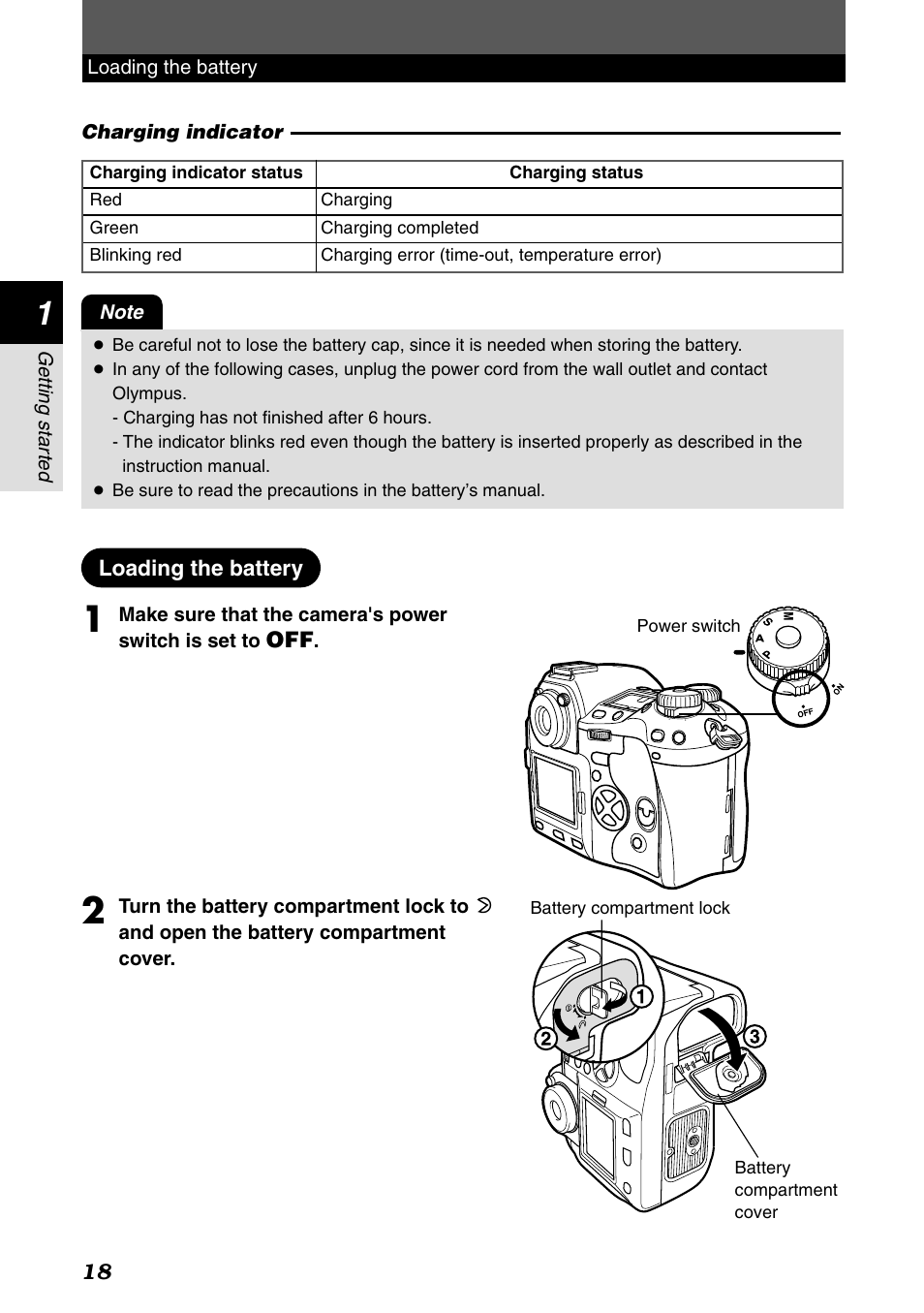 Loading the battery | Olympus E-1 User Manual | Page 18 / 182