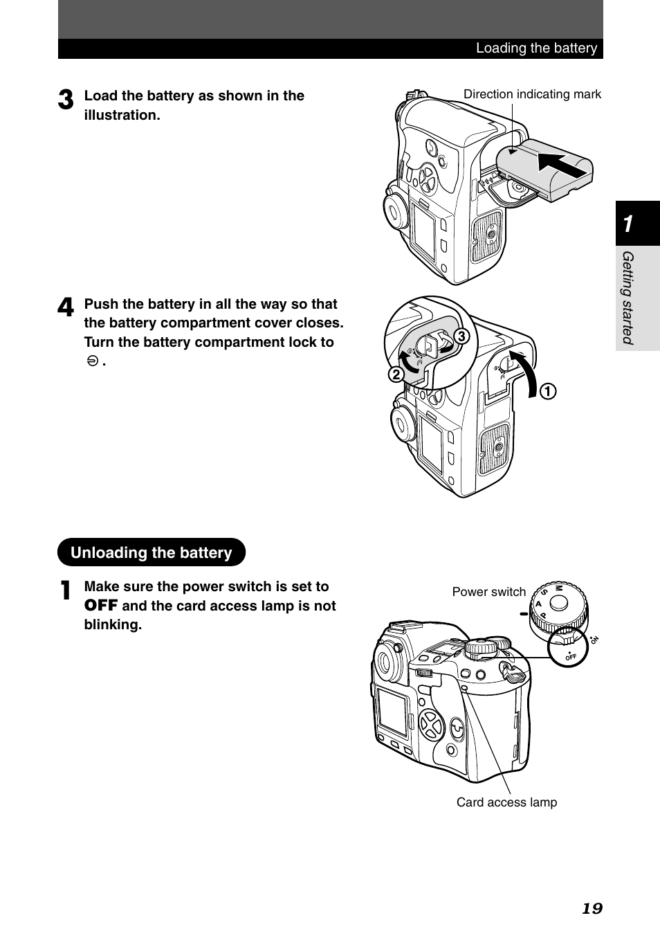 Unloading the battery | Olympus E-1 User Manual | Page 19 / 182