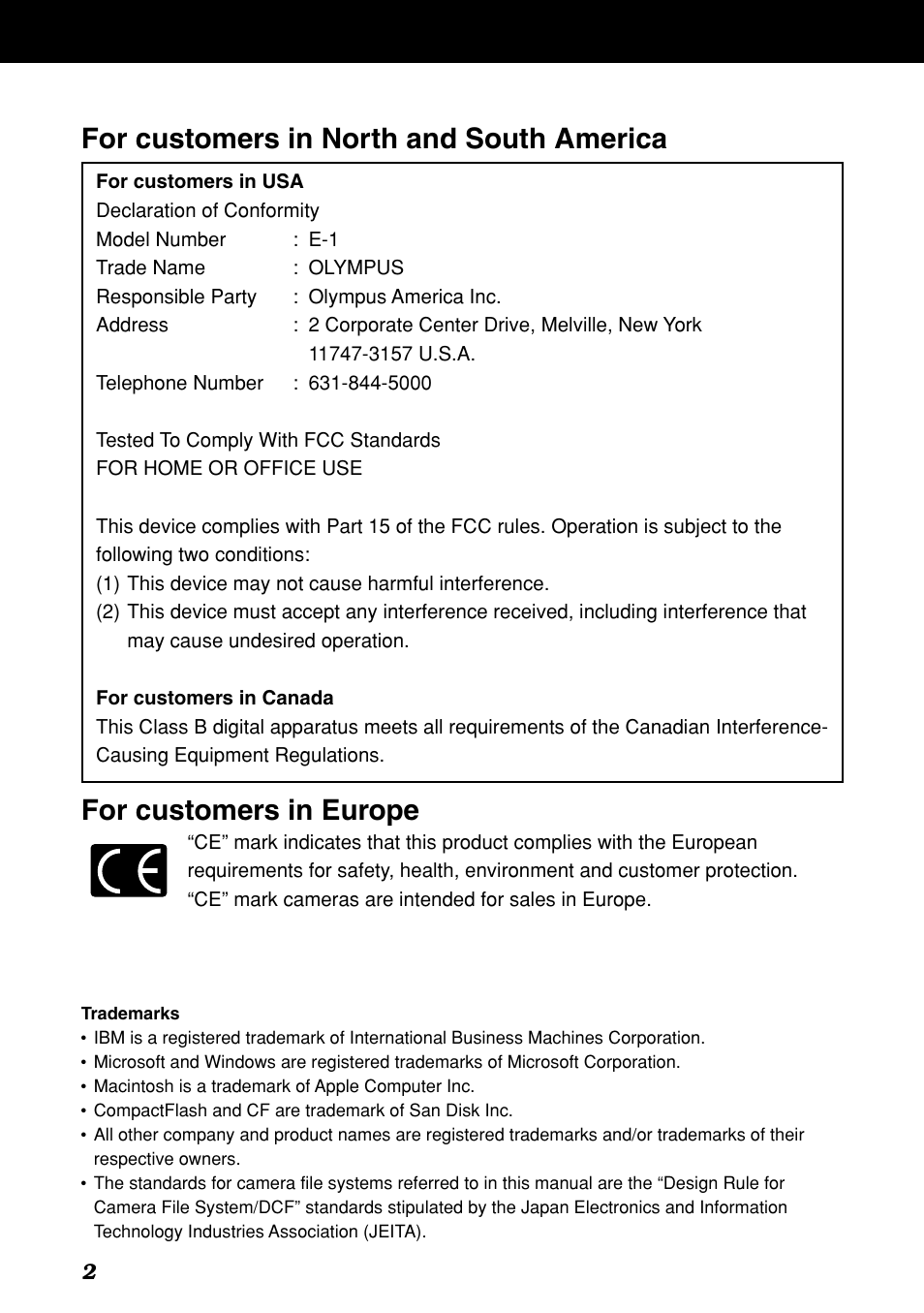 Legal and other notices, For customers in europe, For customers in north and south america | Olympus E-1 User Manual | Page 2 / 182