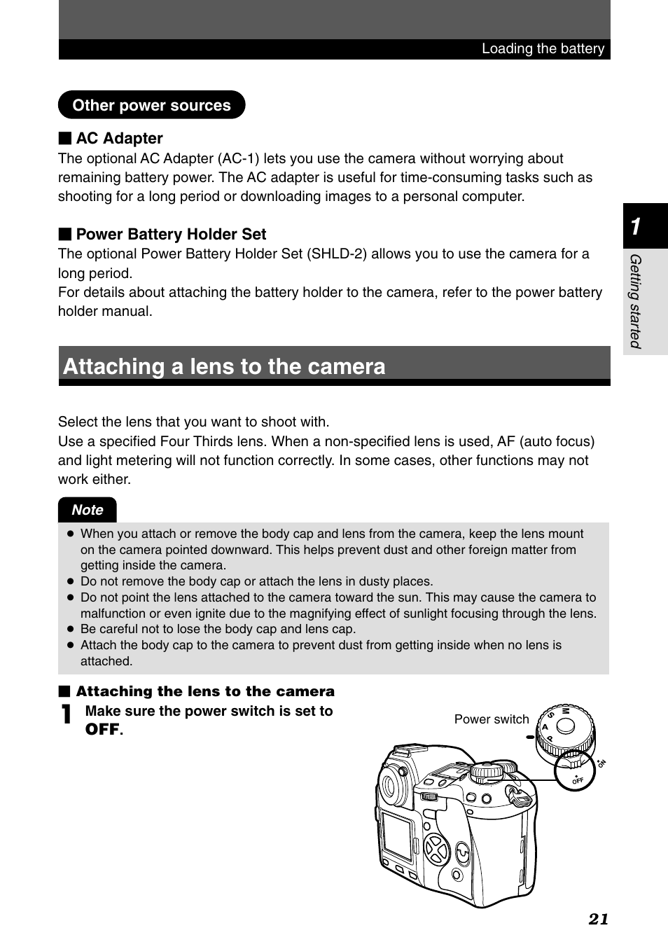 Attaching a lens to the camera, Other power sources | Olympus E-1 User Manual | Page 21 / 182