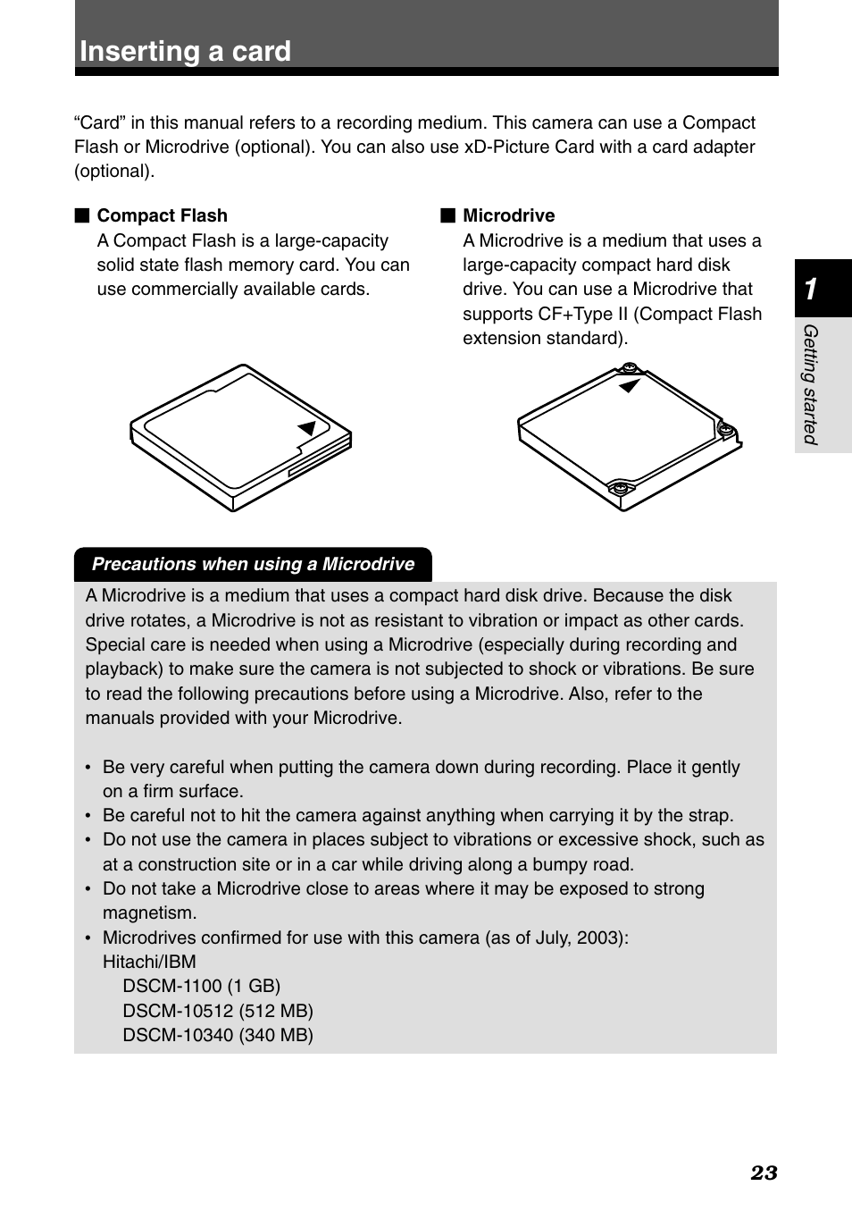 Inserting a card | Olympus E-1 User Manual | Page 23 / 182