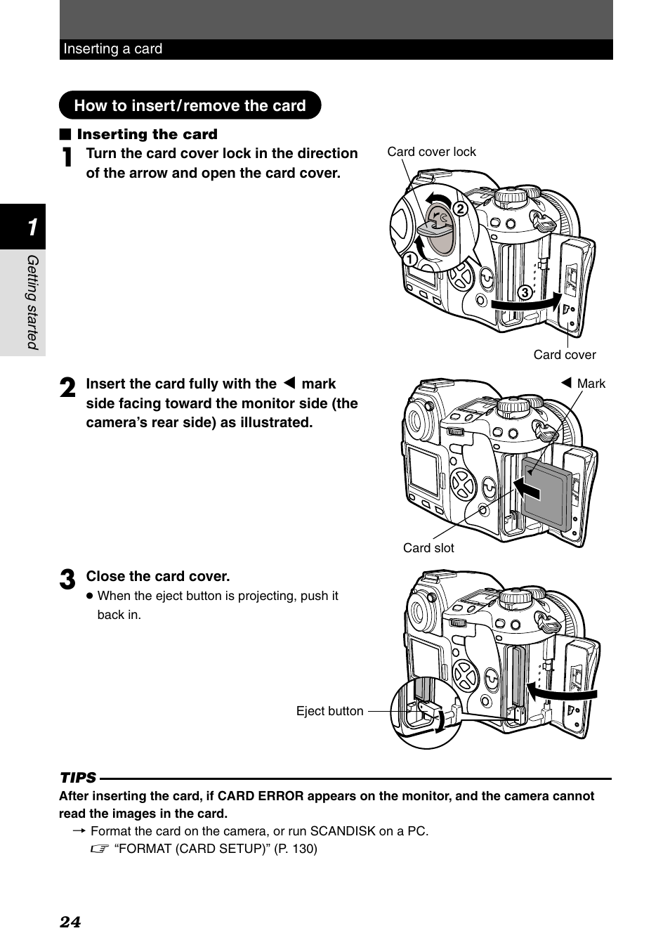 How to insert/remove the card | Olympus E-1 User Manual | Page 24 / 182