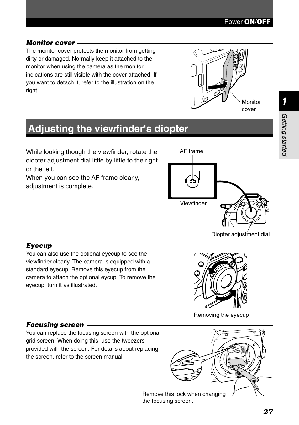 Adjusting the viewfinder's diopter, Adjusting the viewfinder’s diopter | Olympus E-1 User Manual | Page 27 / 182