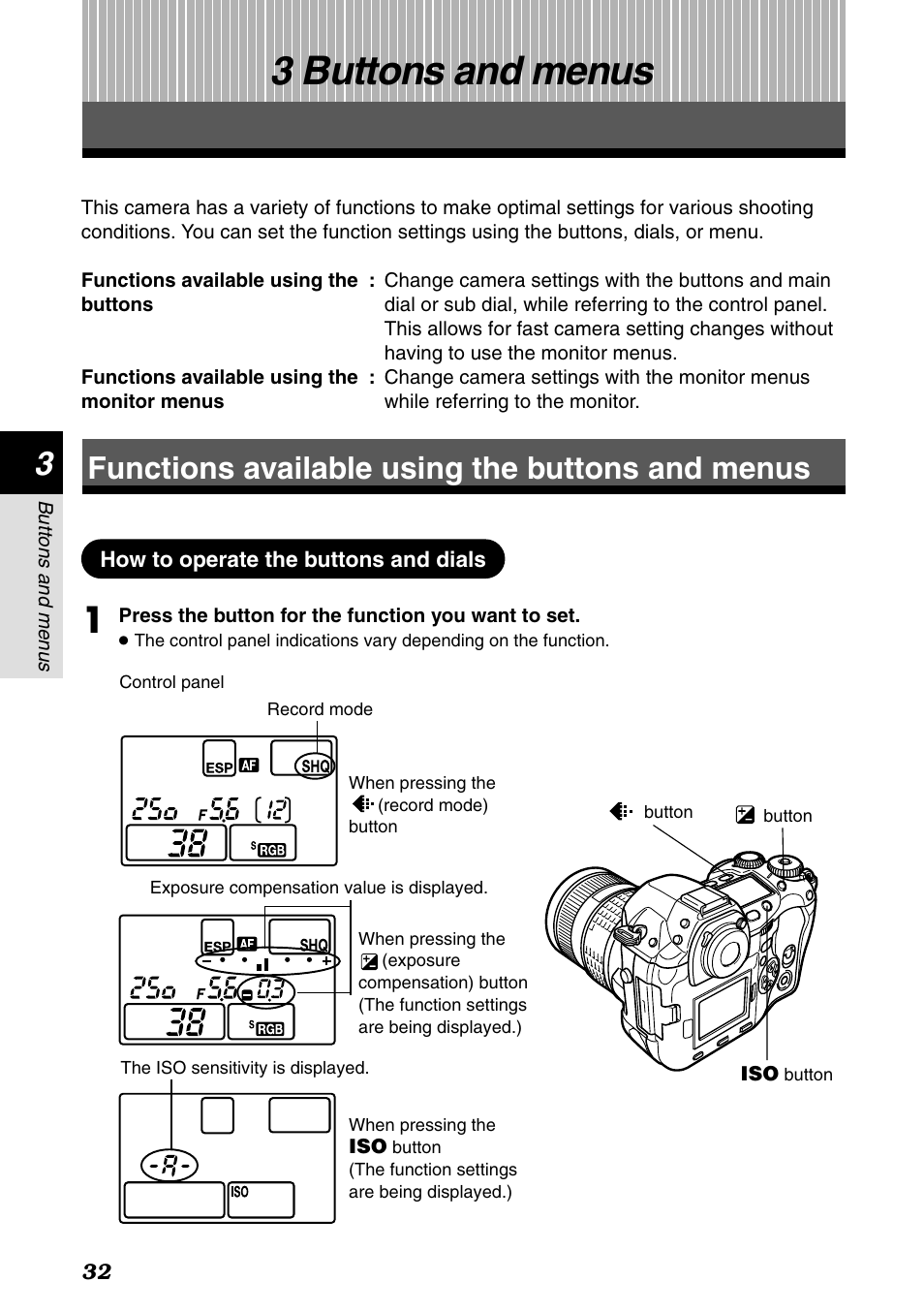 3 buttons and menus, Functions available using the buttons and menus, Buttons and menus | P. 32, How to operate the buttons and dials | Olympus E-1 User Manual | Page 32 / 182