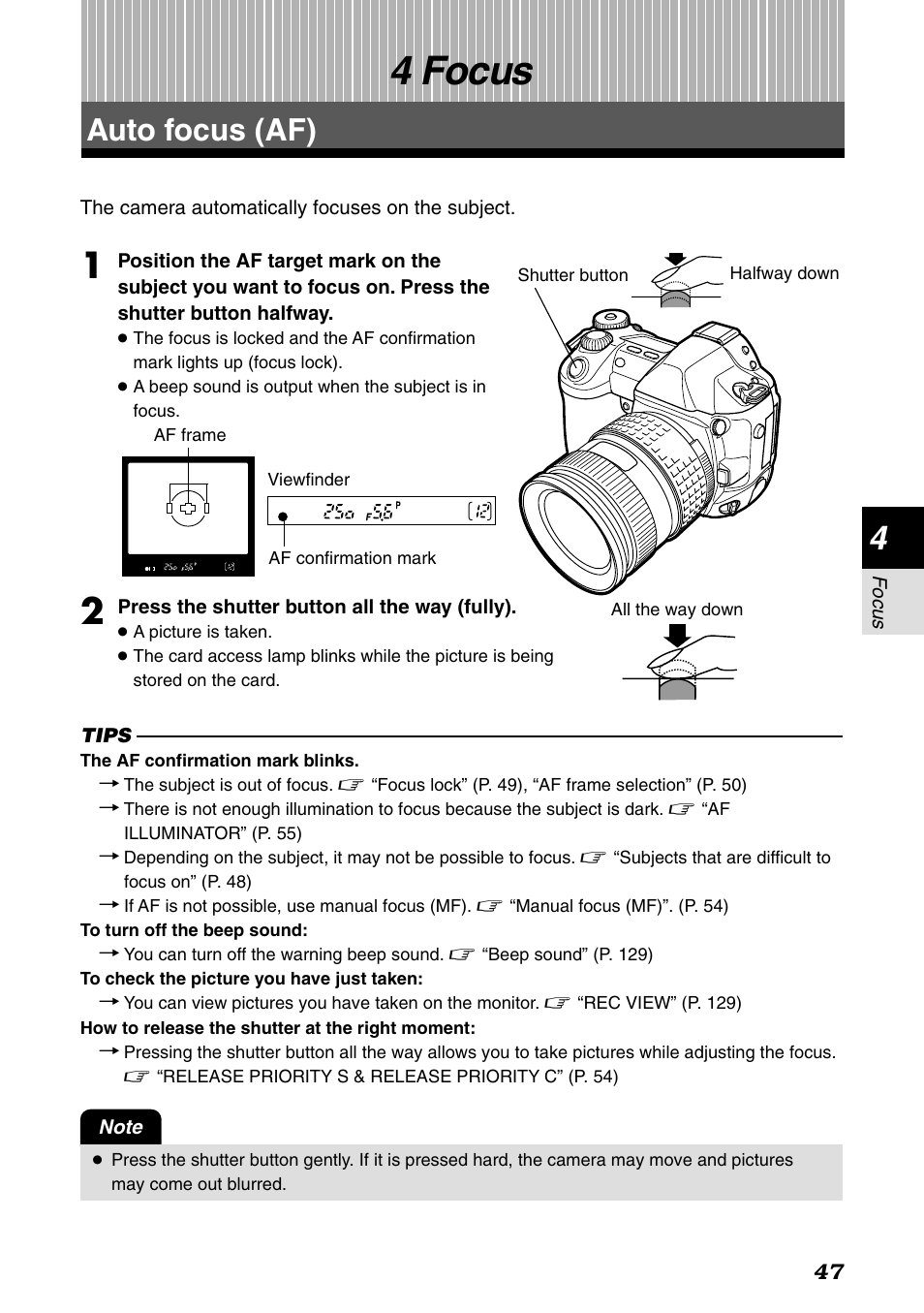 4 focus, Auto focus (af), Focus | P. 47 | Olympus E-1 User Manual | Page 47 / 182