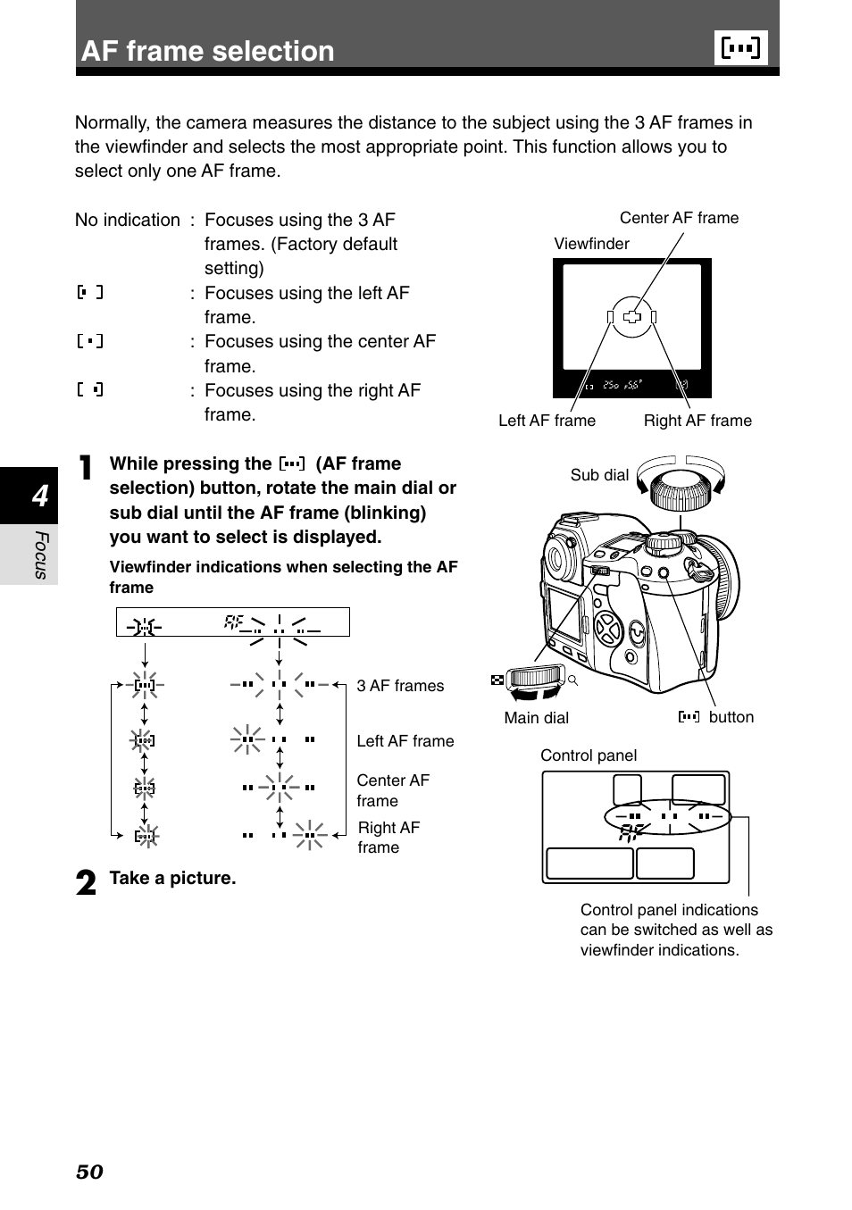 Af frame selection | Olympus E-1 User Manual | Page 50 / 182