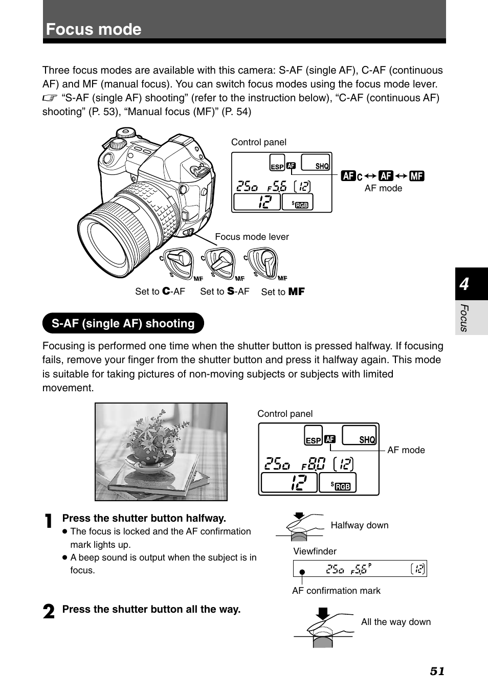 Focus mode, S-af (single af) shooting | Olympus E-1 User Manual | Page 51 / 182