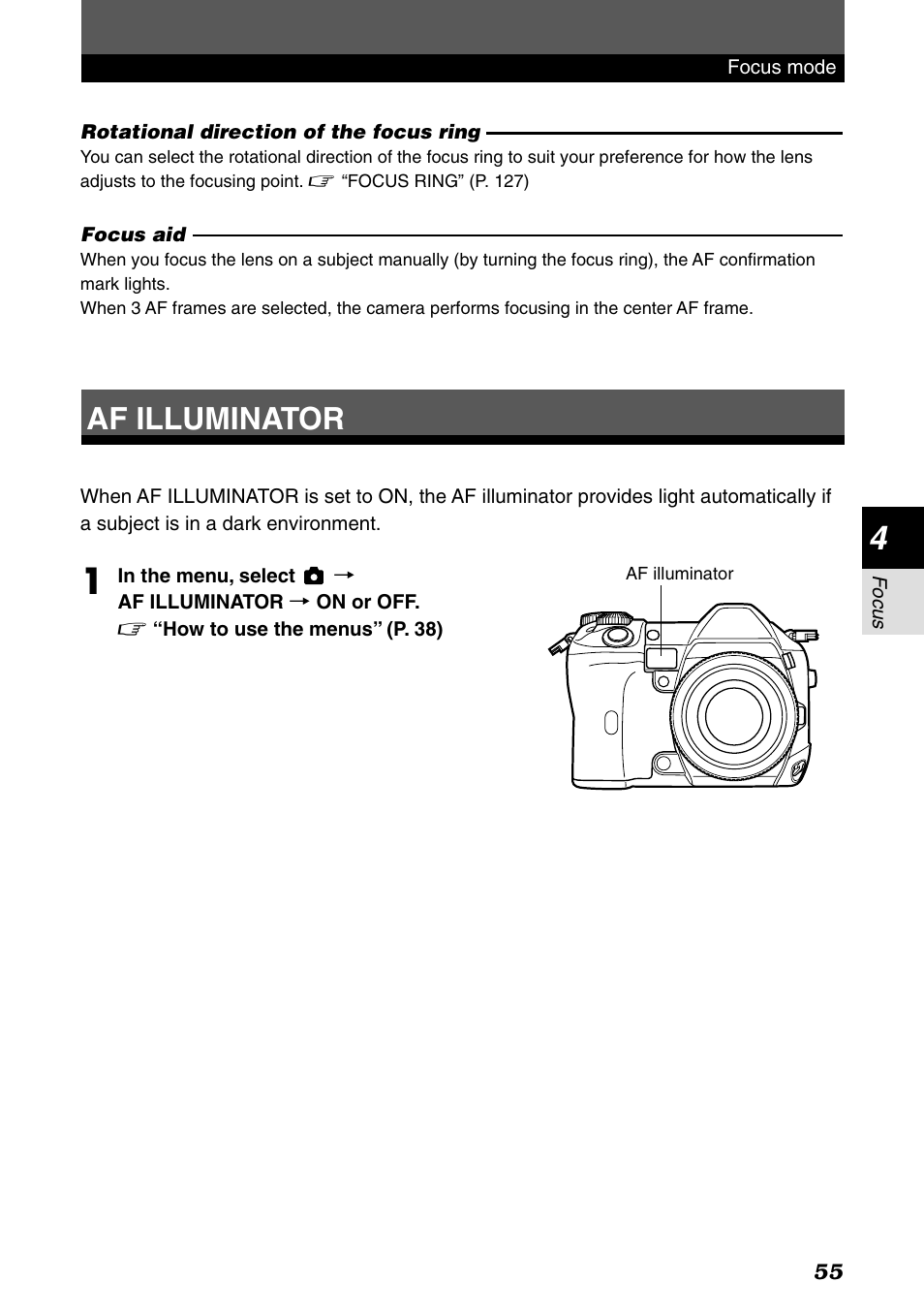 Af illuminator | Olympus E-1 User Manual | Page 55 / 182